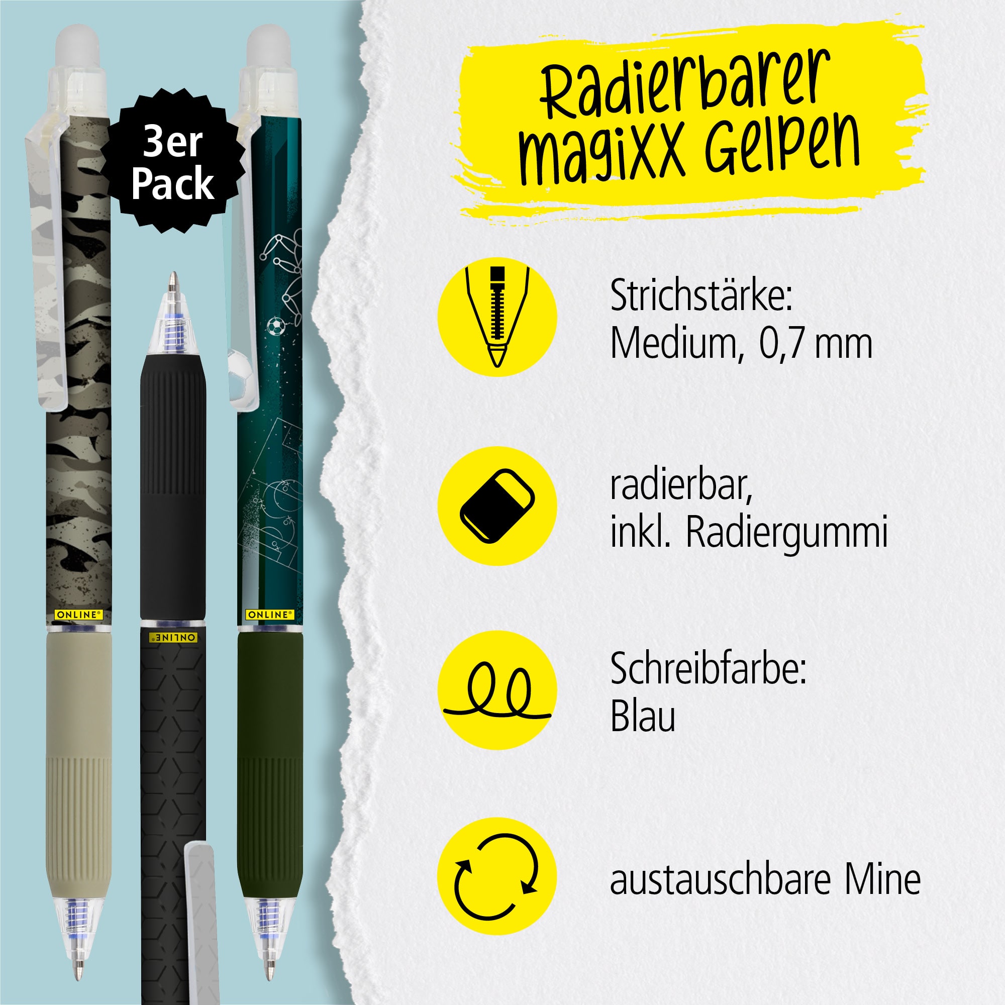 3x Radierbare Gelpens ONLINE magiXX Design Boys, Gelschreiber blau