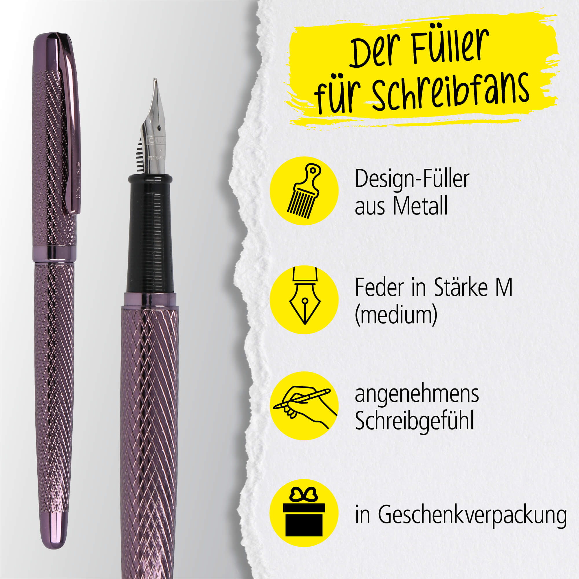 Füller Eleganza Diamond Wine, aus Metall, Federstärke M, inkl. Tintenpatrone und Geschenkverpackung