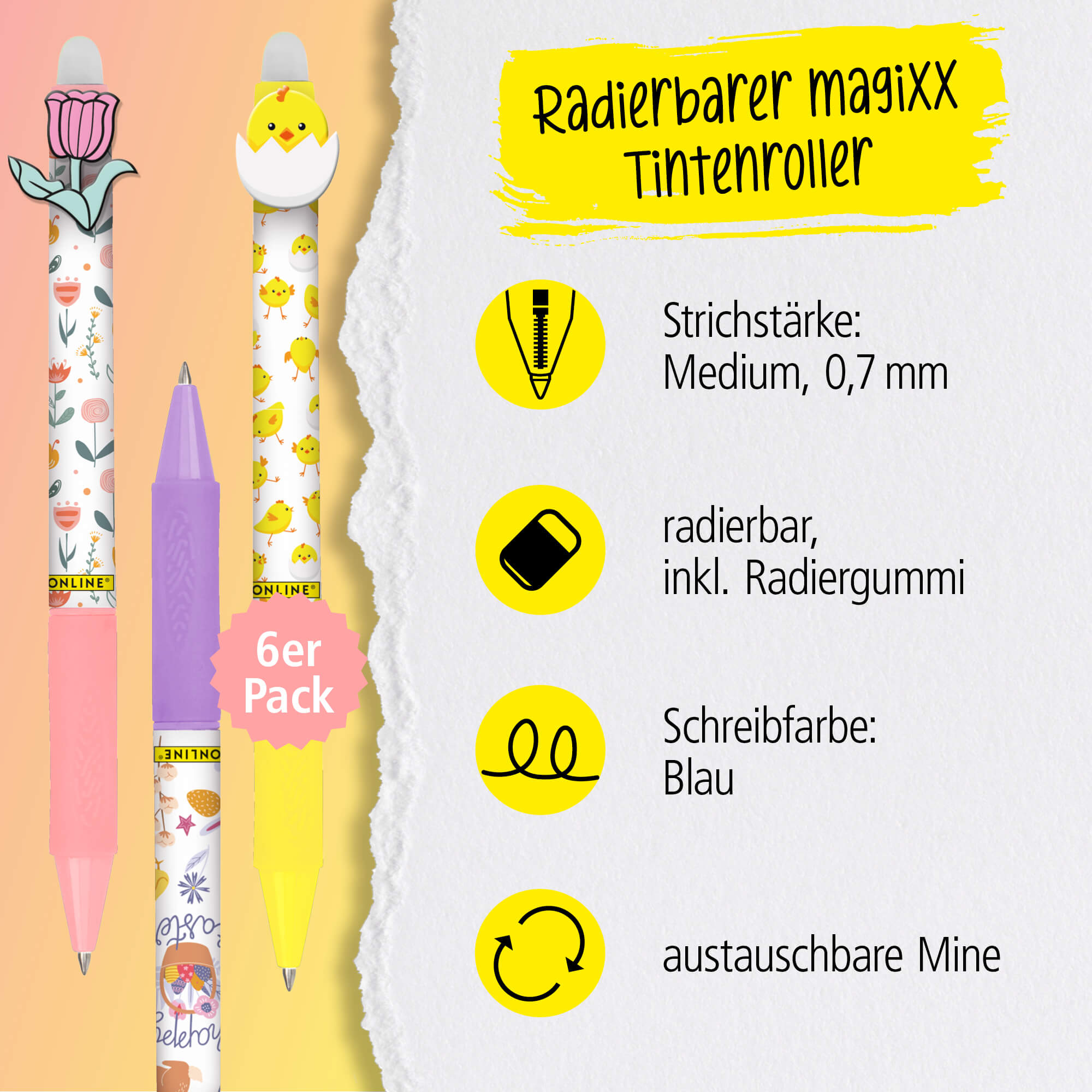 Radierbare Gelschreiber ONLINE magiXX Fun Spring, 6 Stück, süße Tiermotive