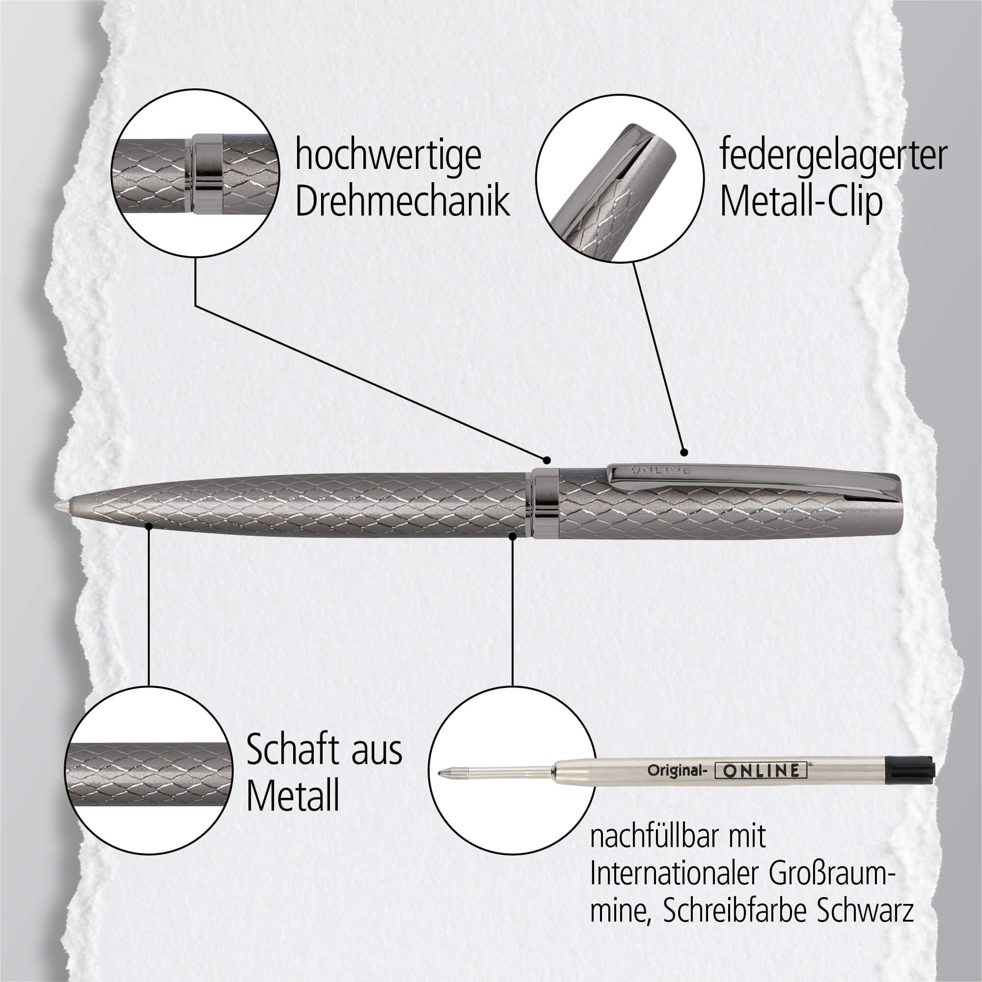 Drehkugelschreiber Eleganza Diamond Titan, aus Metall, auswechselbare Großraummine Schreibfarbe Schwarz dokumentenecht, inkl. Geschenkverpackung