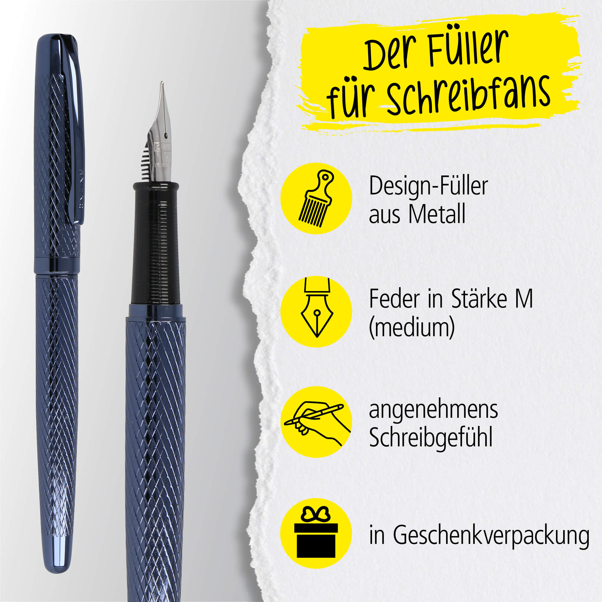 Füller Eleganza Diamond Night, aus Metall, Federstärke M, inkl. Tintenpatrone und Geschenkverpackung