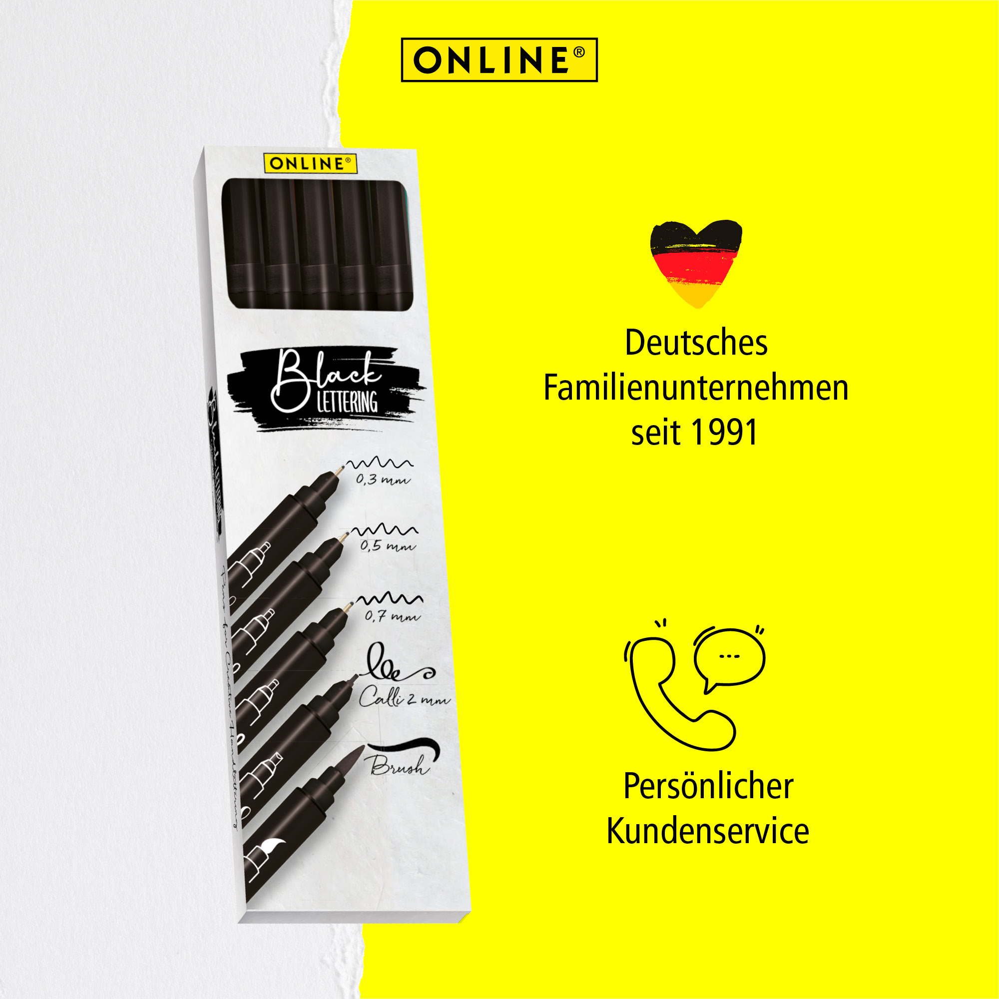 Black Lettering Set mit Fineliner und Brushpen, 5 Stifte