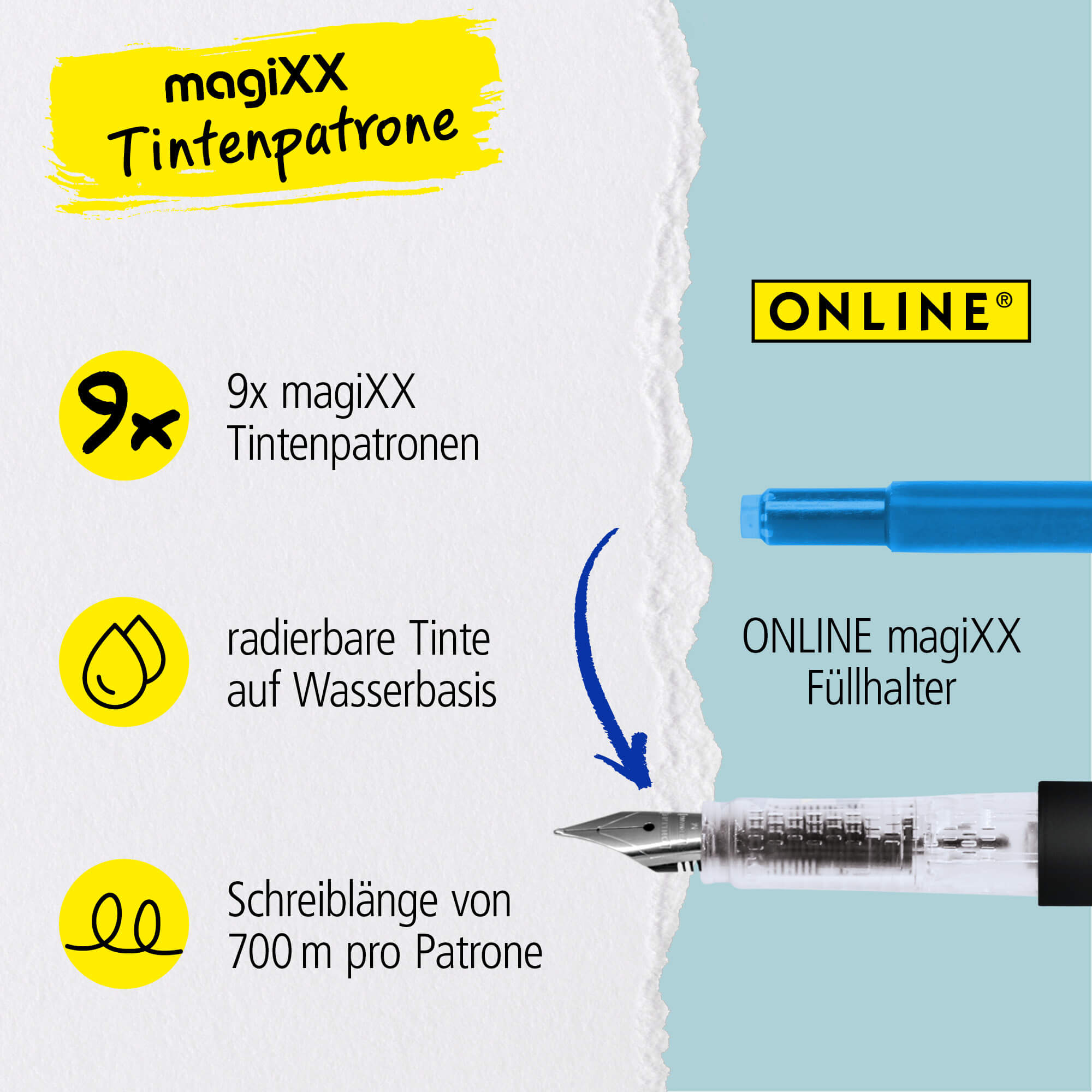 9x radierbare Tintenpatronen für magiXX Füllhalter, Vorteilspack, blauschreibend