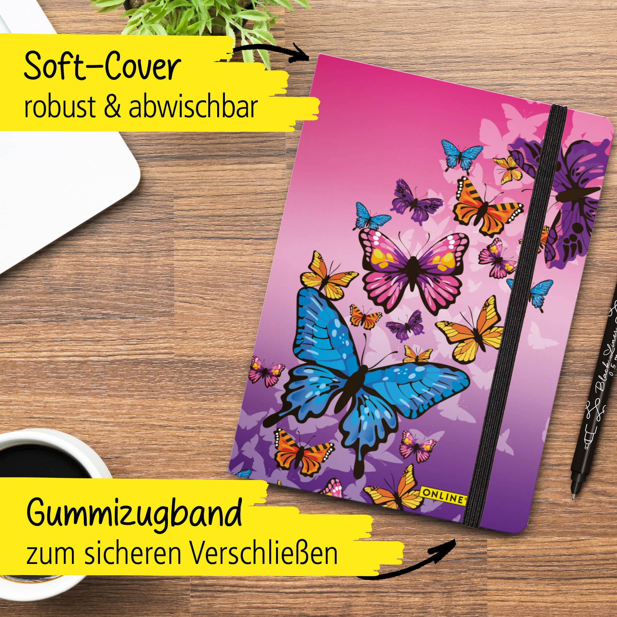 Bullet Journal Butterfly, Dotted-Notizbuch mit Soft Cover, Gummiband, DIN A5, 120g/m² FSC Papier, 144 Seiten