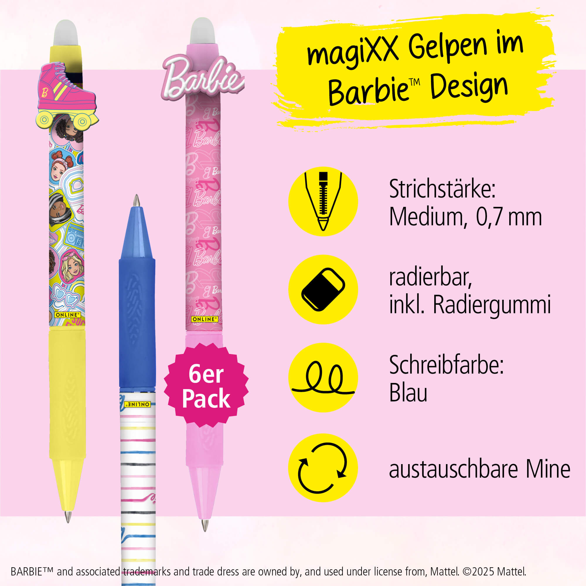 Radierbare Gelschreiber ONLINE magiXX Fun Barbie Edition, 6er-Pack, limitierte Kollektion