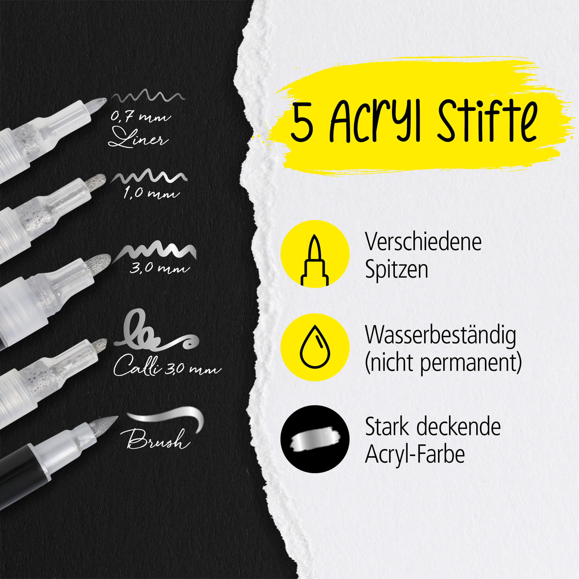 Silver Lettering Set mit Acryl Marker, Fineliner und Brushpen, 5 Stifte