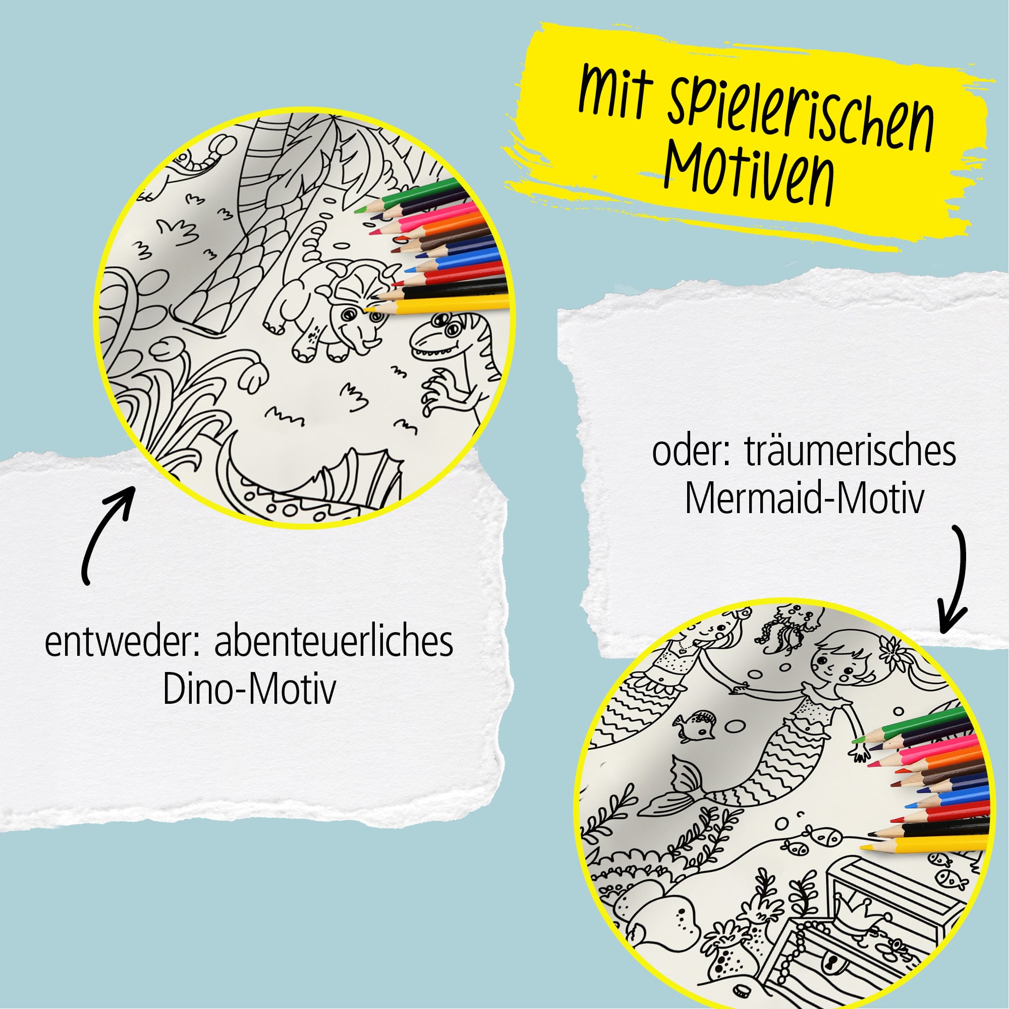 Buntstifte & Malrolle für Kinder zum Ausmalen, 30 x 200 cm, Selbstklebende Zeichenrolle mit Meerjungfrau-Motiv