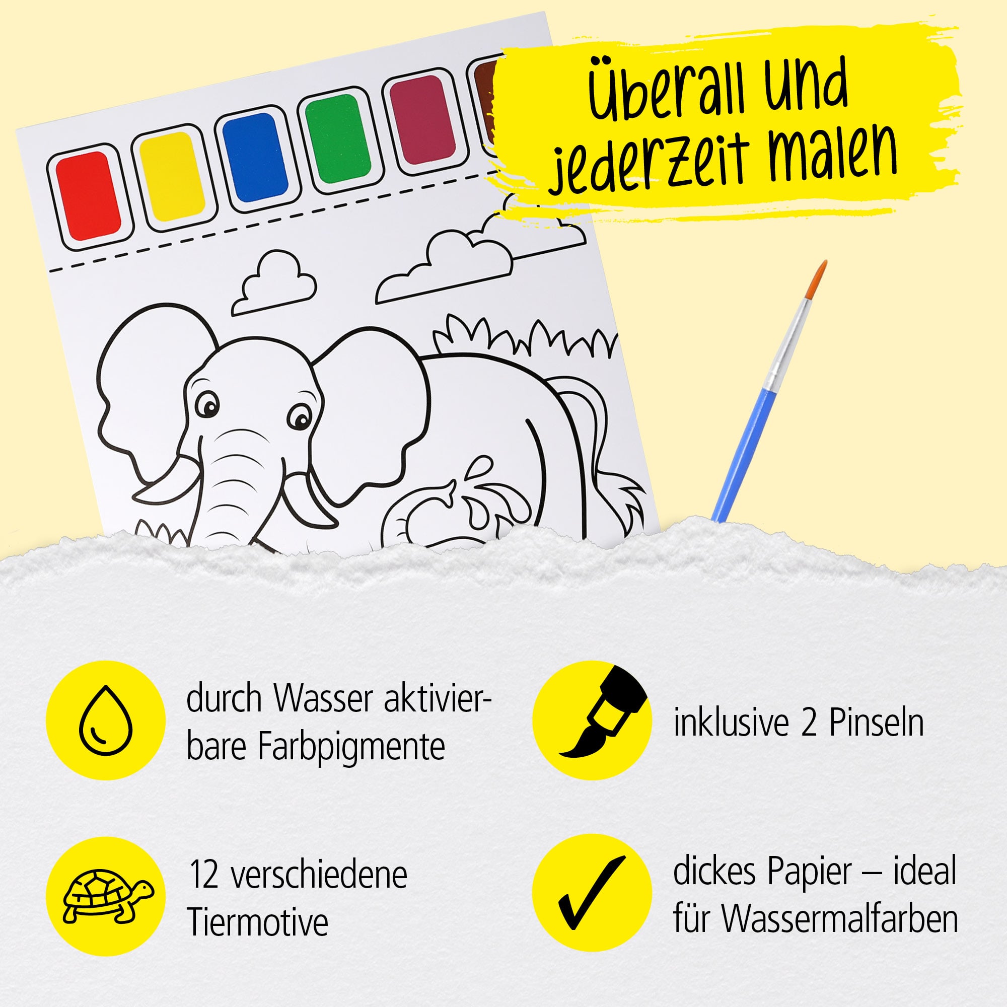 Malvorlagen, Motiv Wildlife, inkl. 2 Pinsel und 6 Wasserfarben