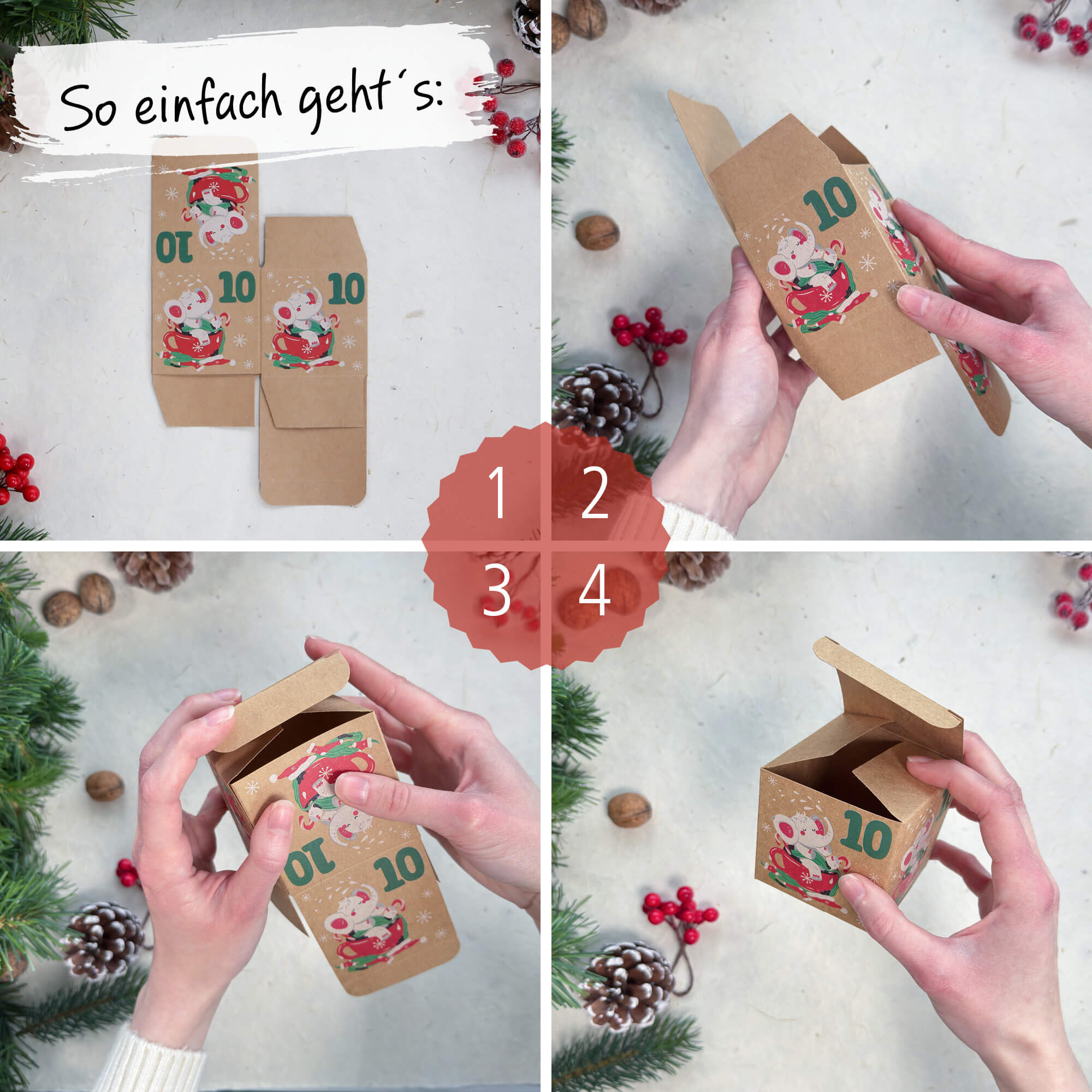 Adventskalender mit 24 Geschenkboxen, Anwendung wie eine Box gefaltet wird