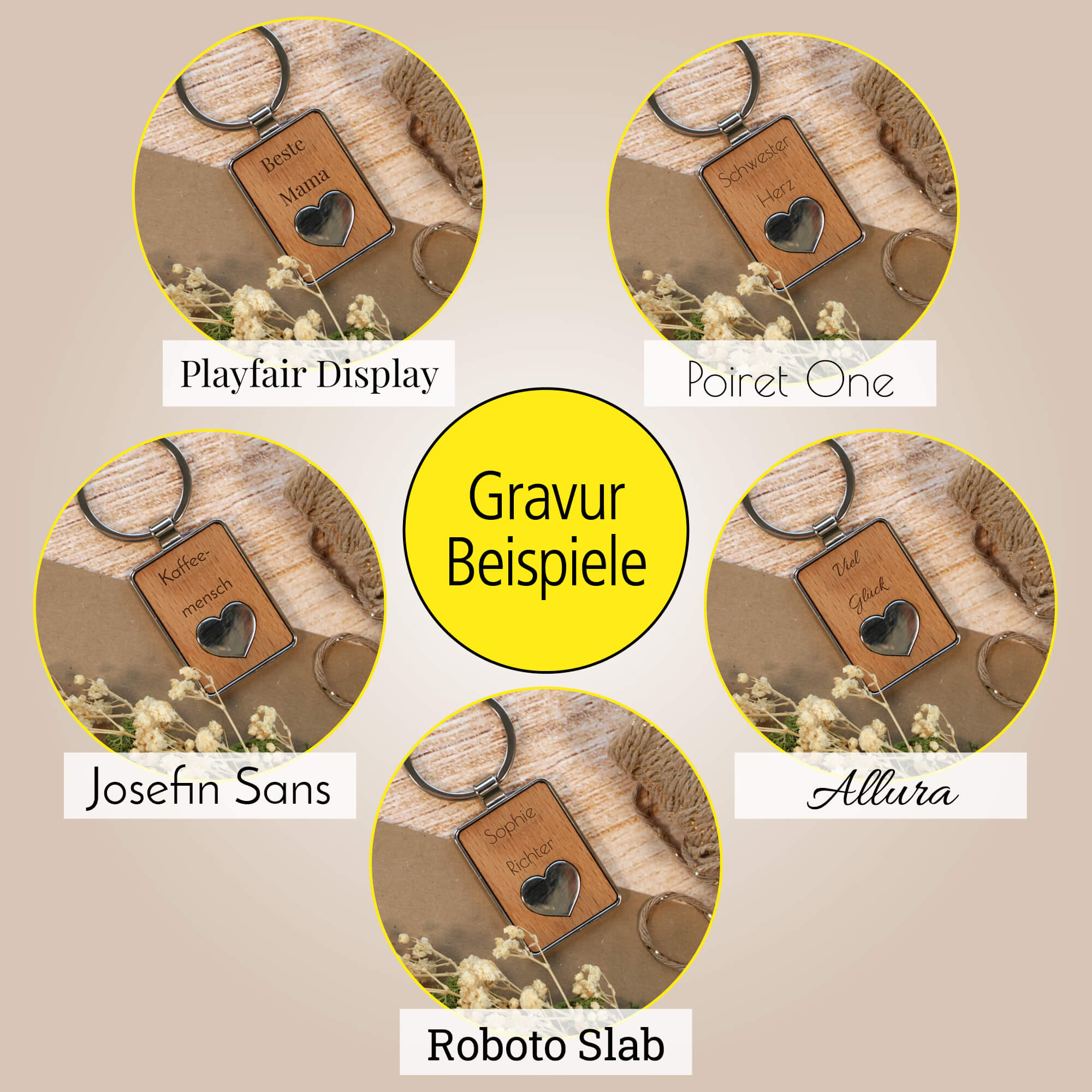 ONLINE Schlüsselanhänger personalisiert Holz mit Metall-Herz, Schlüsselanhänger zum selbst gestalten mit Gravur