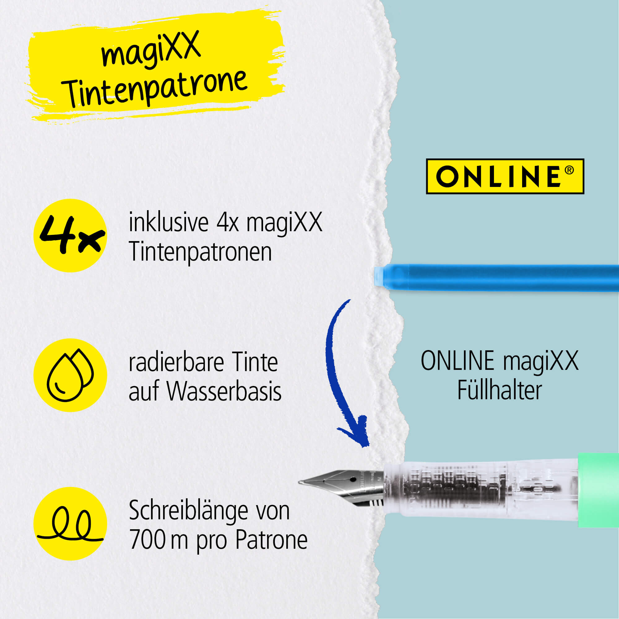 Radierbarer Füller ONLINE magiXX Turquoise Dream inkl. Tintenpatronen