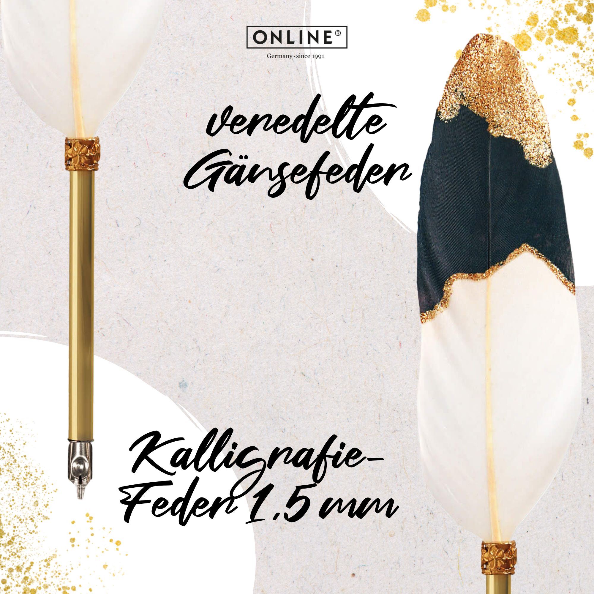 Schreibfeder mit Kalligrafie-Spitze, vergoldete Gänsefeder, in Geschenkbox