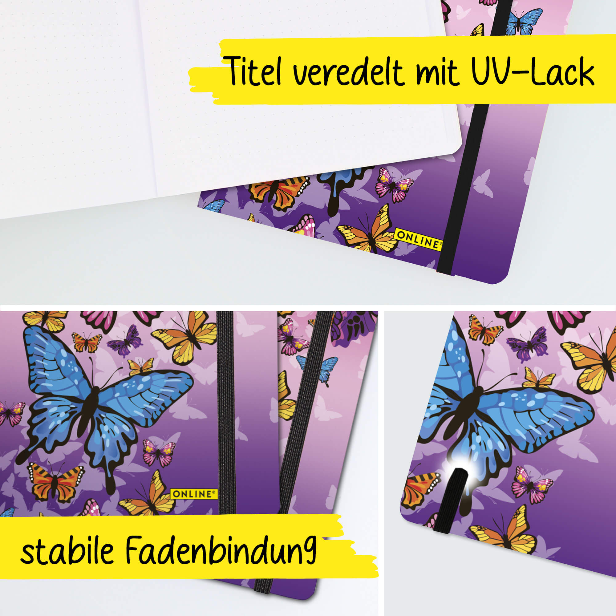 Bullet Journal Butterfly, Dotted-Notizbuch mit Soft Cover, Gummiband, DIN A5, 120g/m² FSC Papier, 144 Seiten