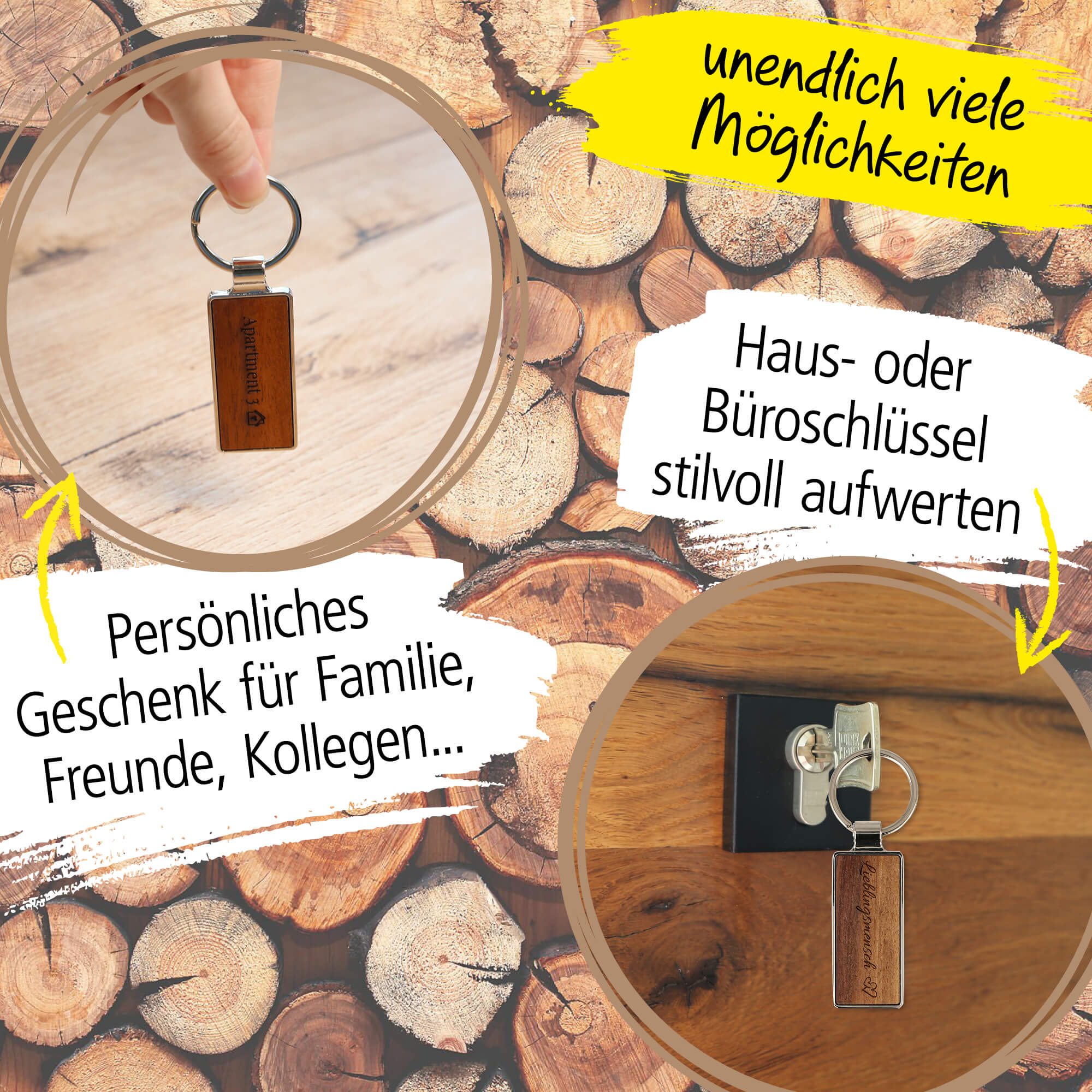 ONLINE Schlüsselanhänger personalisiert aus Walnuss-Holz, Schlüsselanhänger zum selbst gestalten mit Gravur