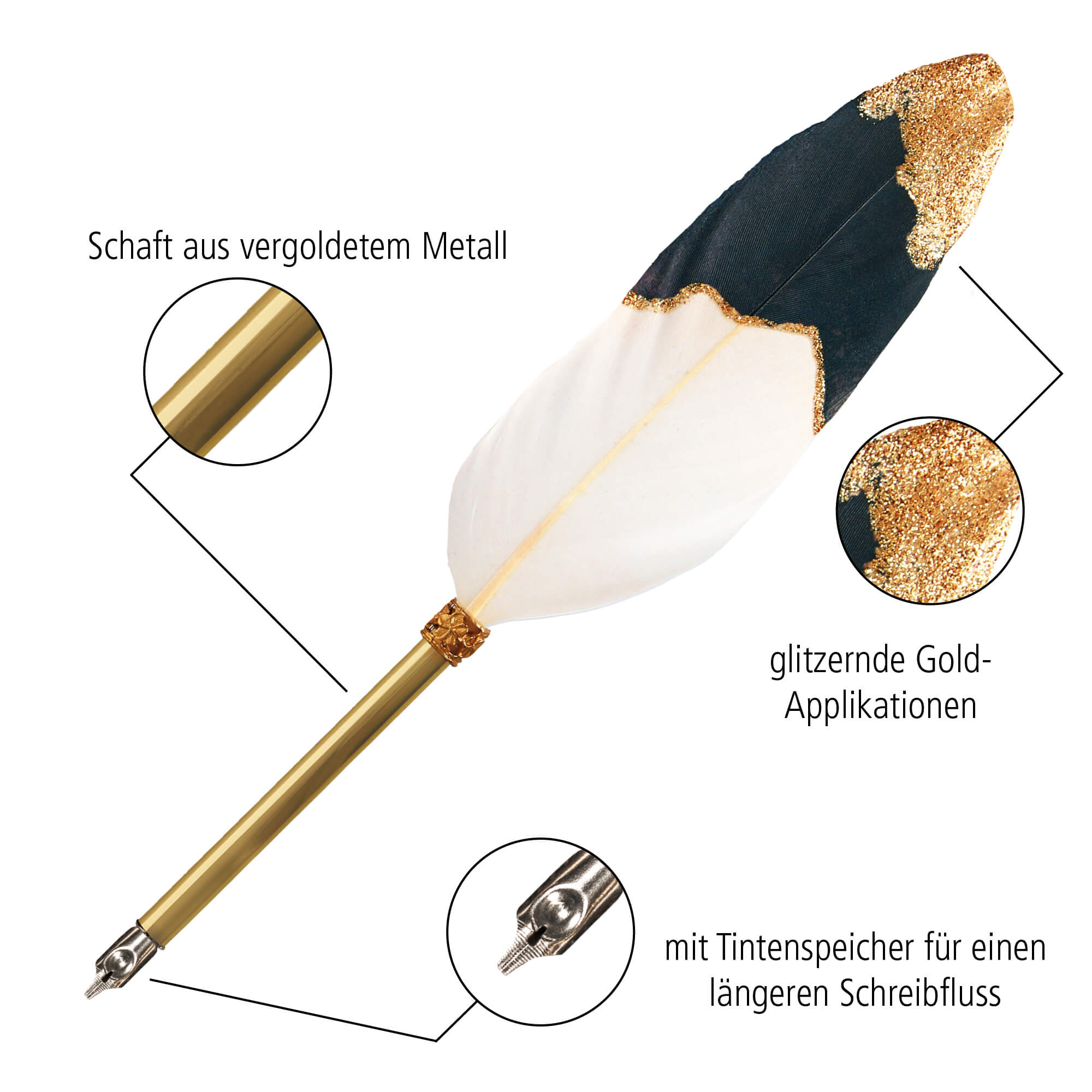Schreibfeder mit Kalligrafie-Spitze, vergoldete Gänsefeder, in Geschenkbox