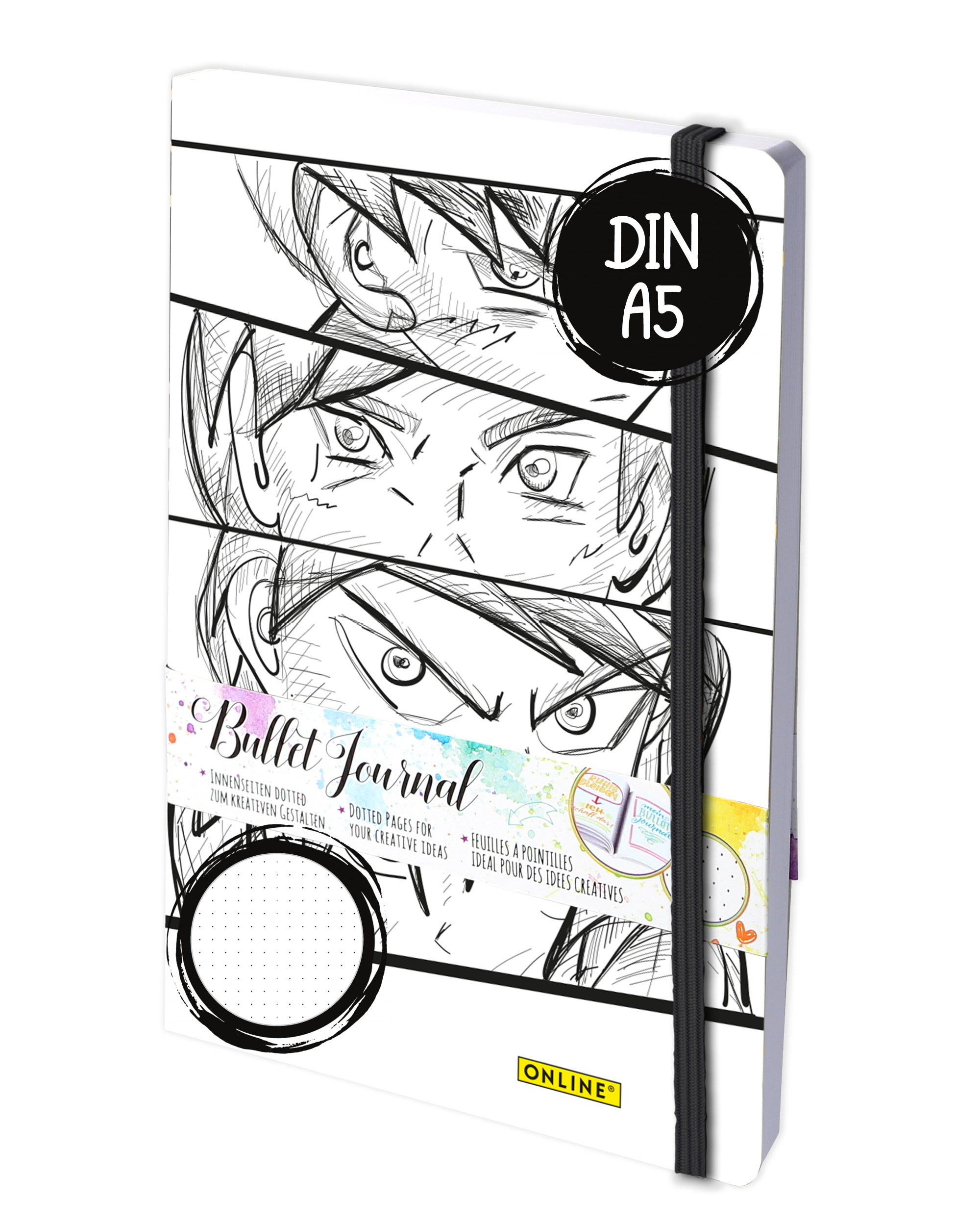 Bullet Journal Manga, Dotted-Notizbuch mit Soft Cover, Gummiband, DIN A5, 120g/m² FSC Papier, 144 Seiten