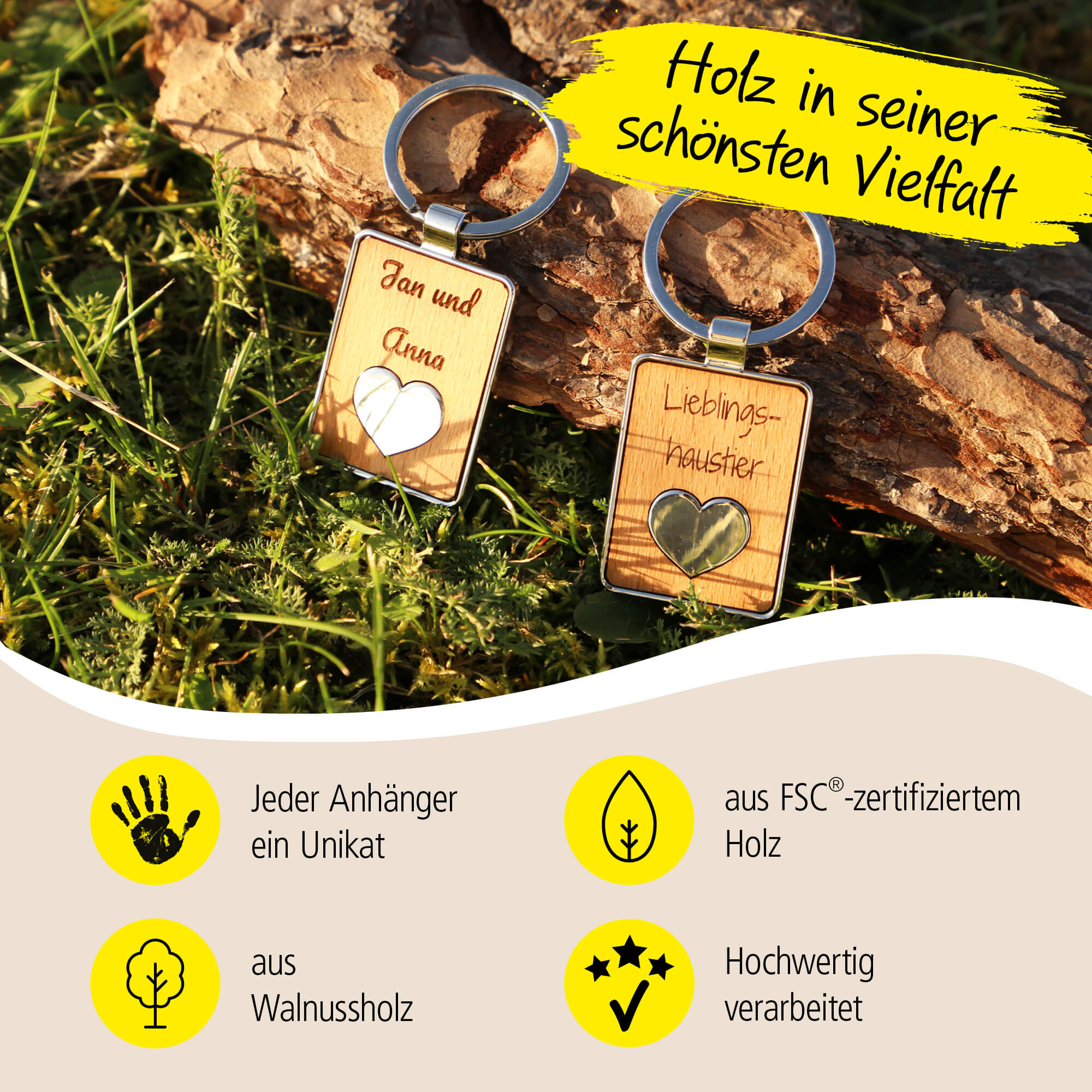 ONLINE Schlüsselanhänger personalisiert Holz mit Metall-Herz, Schlüsselanhänger zum selbst gestalten mit Gravur