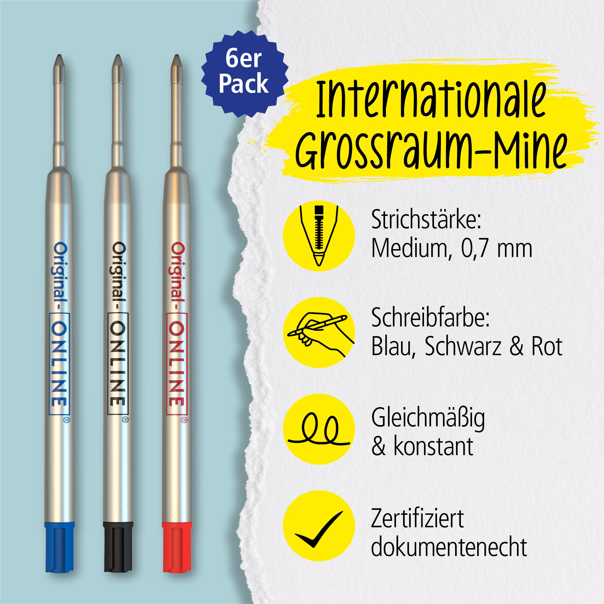 Internationale Großraumminen Set, 6 Stück (schwarz, blau, rot)