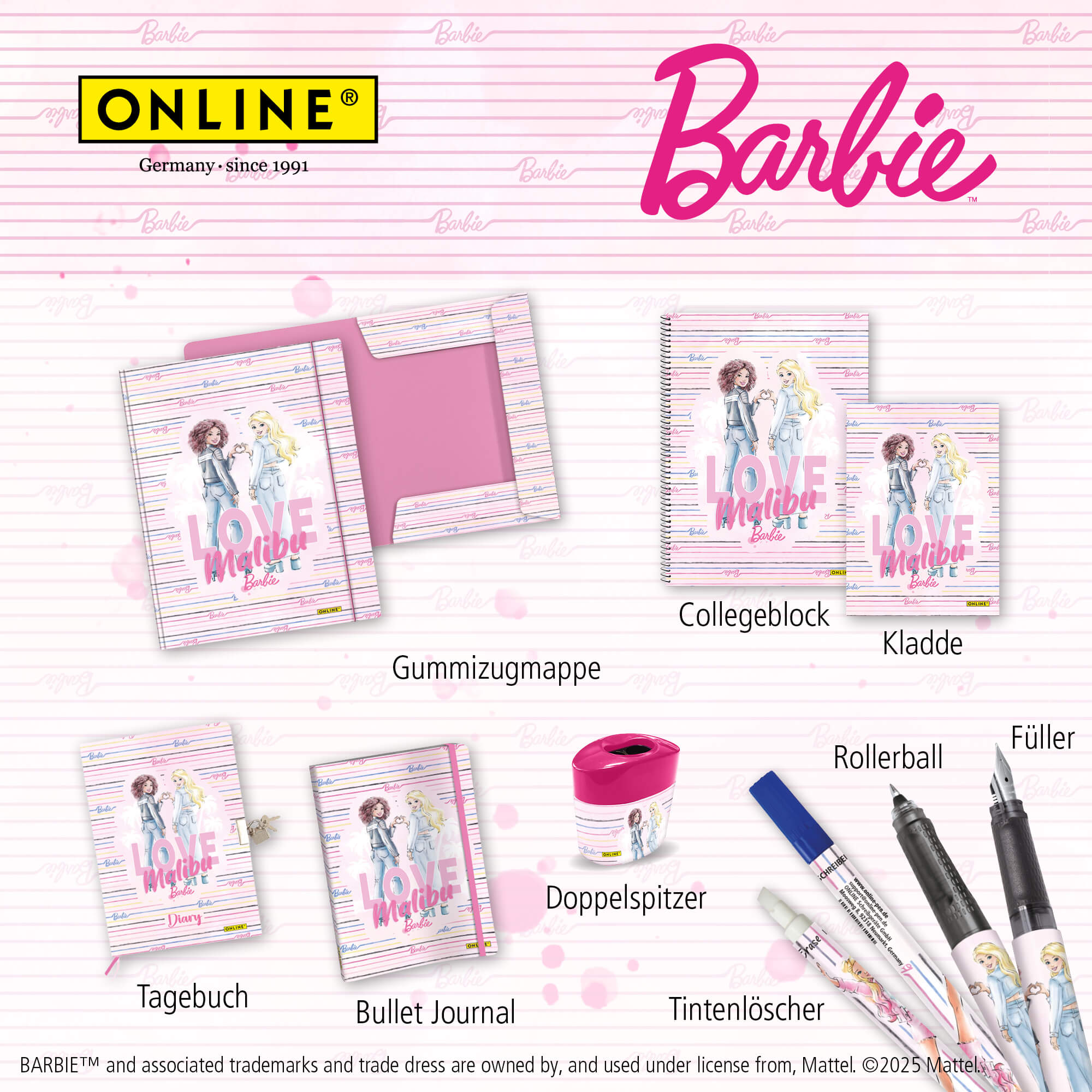 Barbie Pink Lettering Set, 5 Stifte, Fineliner und Brush Pen