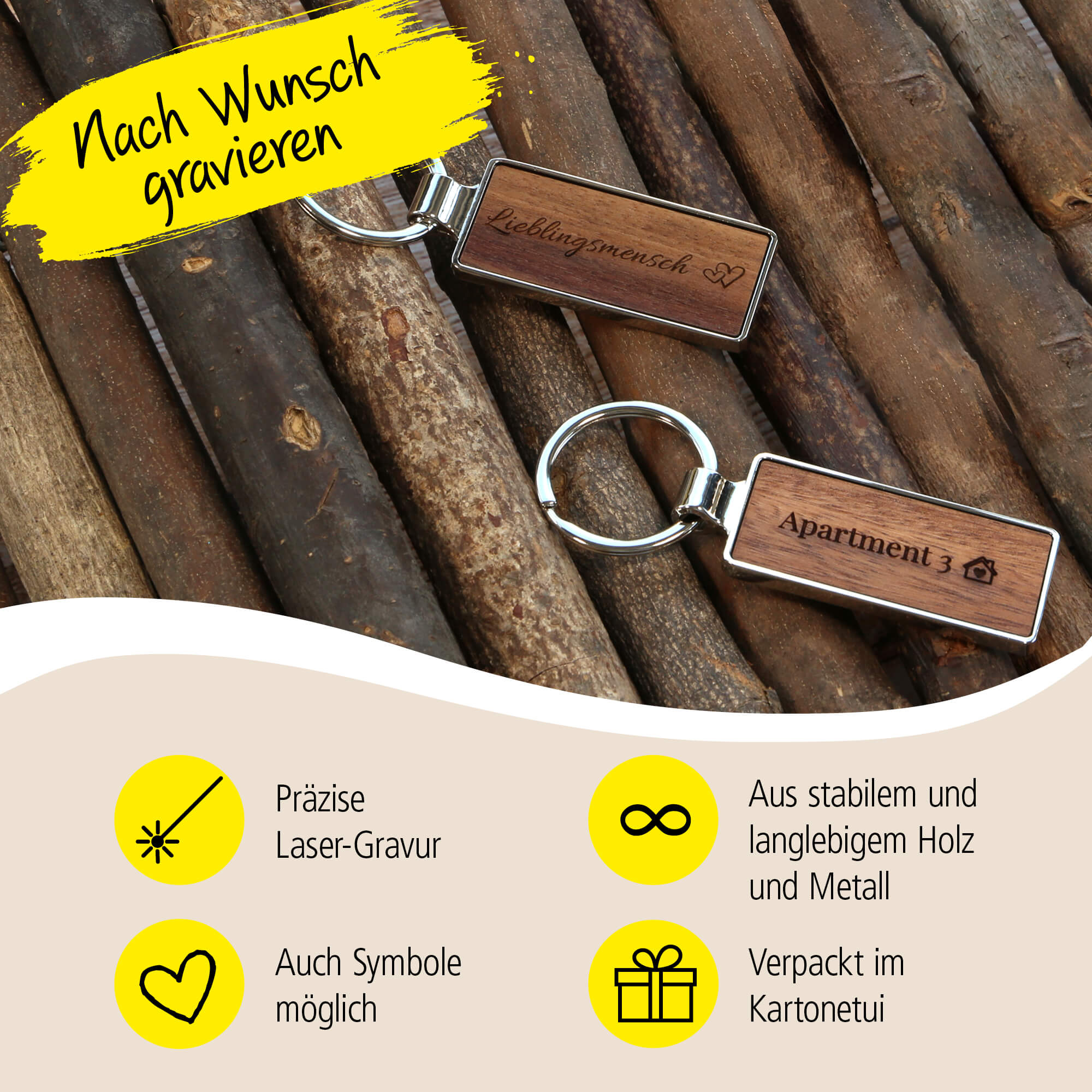 ONLINE Schlüsselanhänger personalisiert aus Walnuss-Holz, Schlüsselanhänger zum selbst gestalten mit Gravur