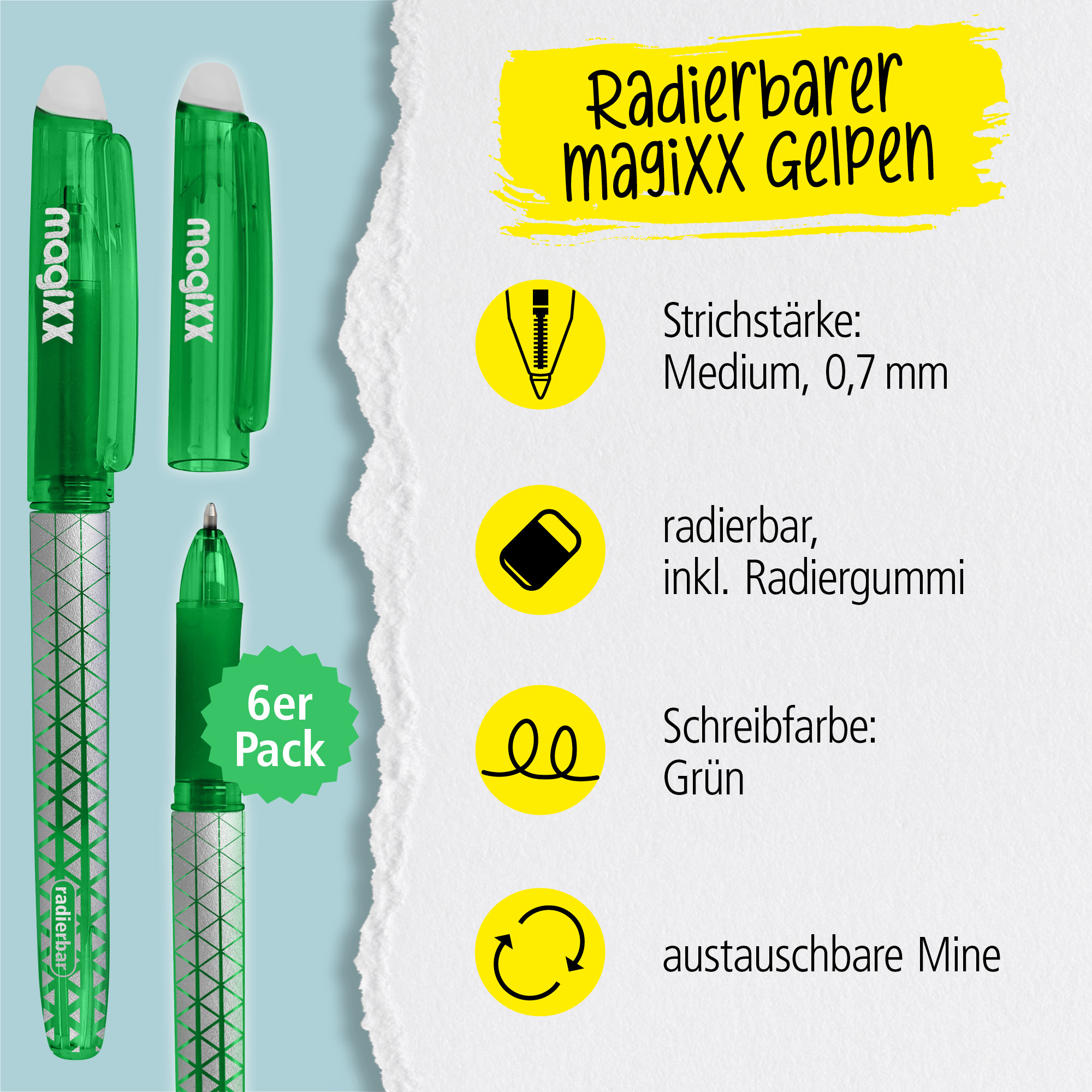 Radierbarer Gelschreiber ONLINE magiXX Classic Grün, 6er Pack