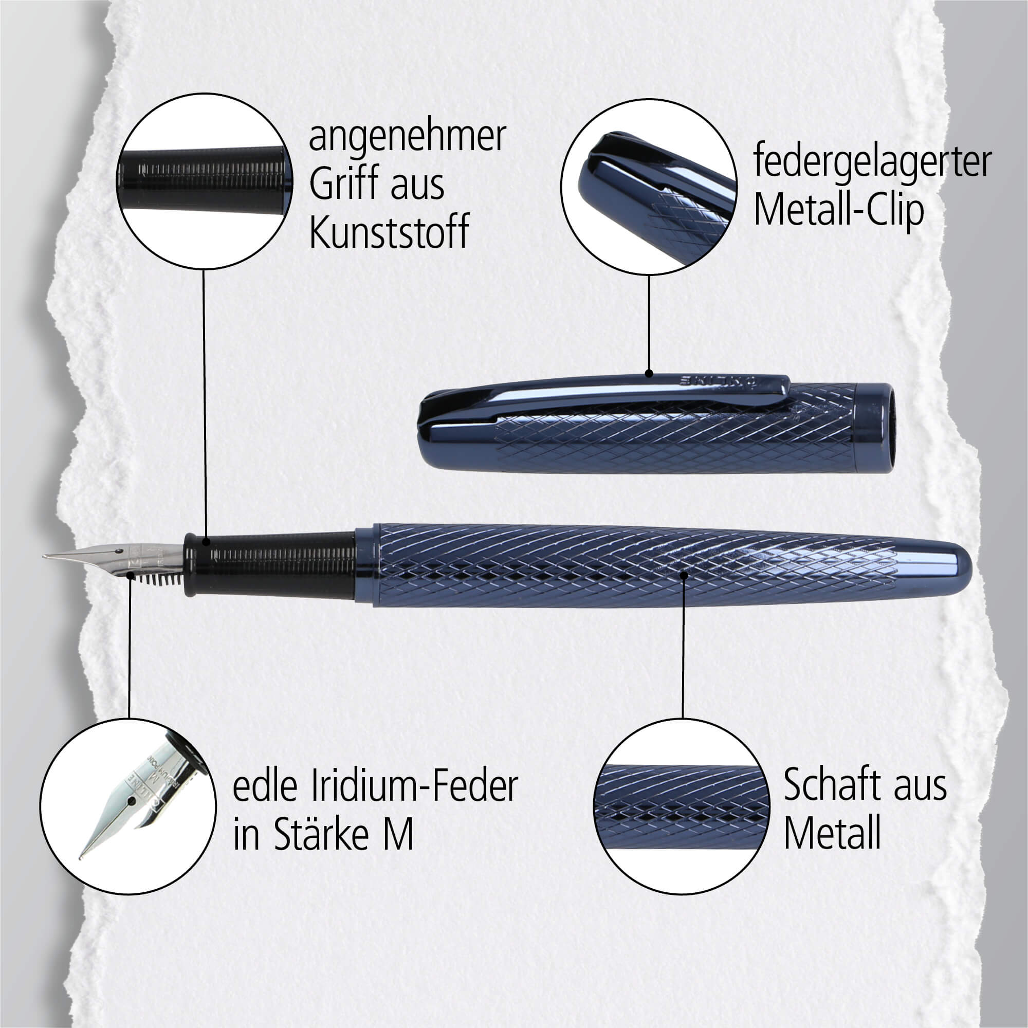 Füller Eleganza Diamond Night, aus Metall, Federstärke M, inkl. Tintenpatrone und Geschenkverpackung