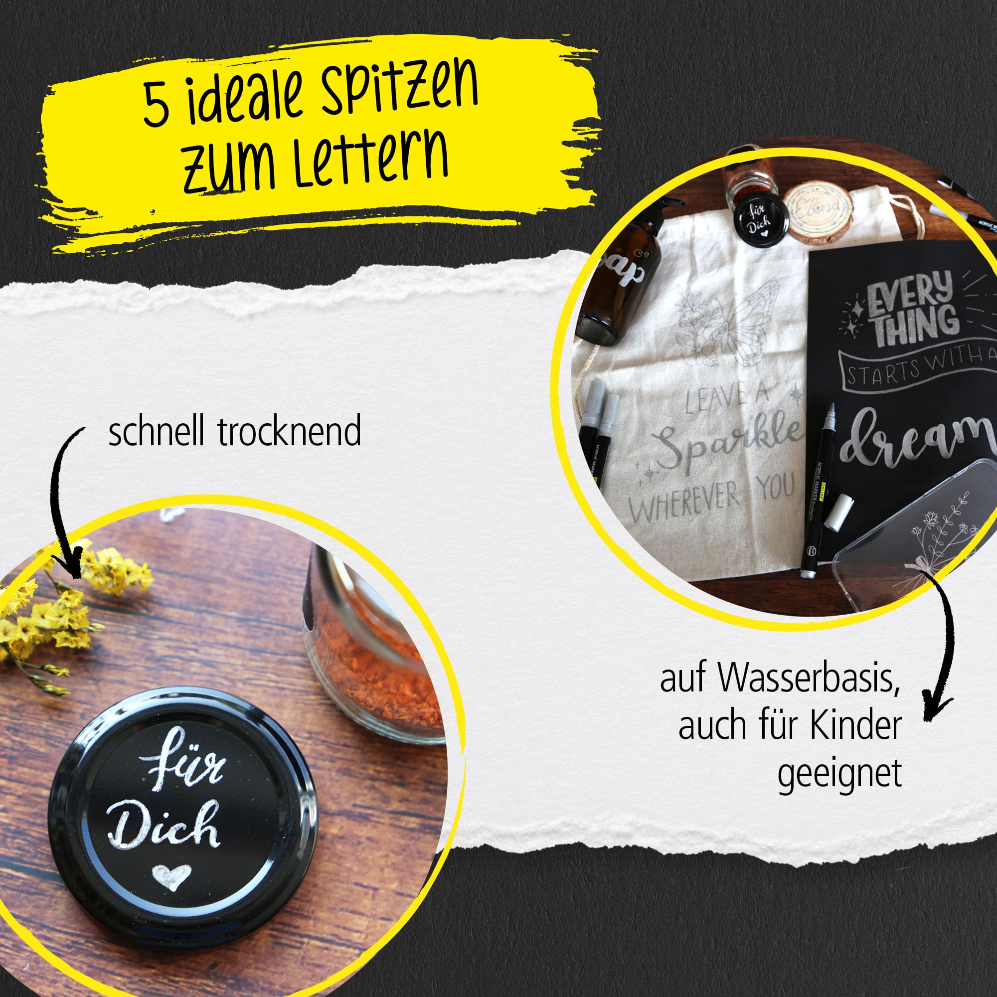 Silver Lettering Set mit Acryl Marker, Fineliner und Brushpen, 5 Stifte