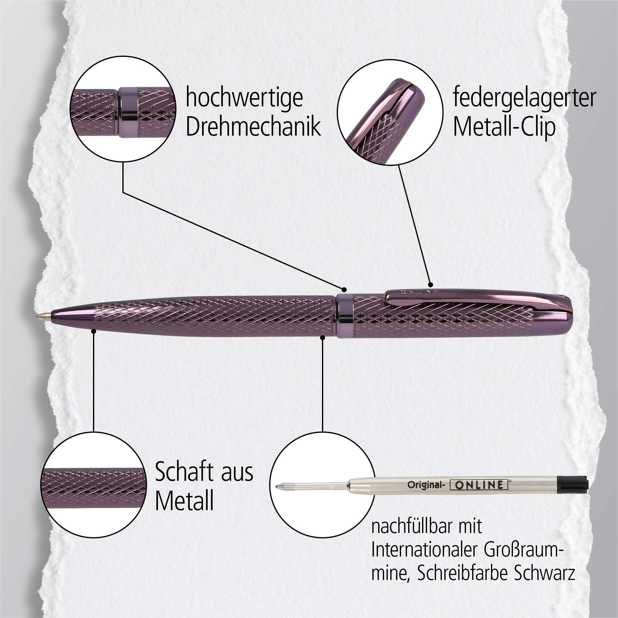 Drehkugelschreiber Eleganza Diamond Wine, aus Metall, auswechselbare Großraummine Schreibfarbe Schwarz dokumentenecht, inkl. Geschenkverpackung