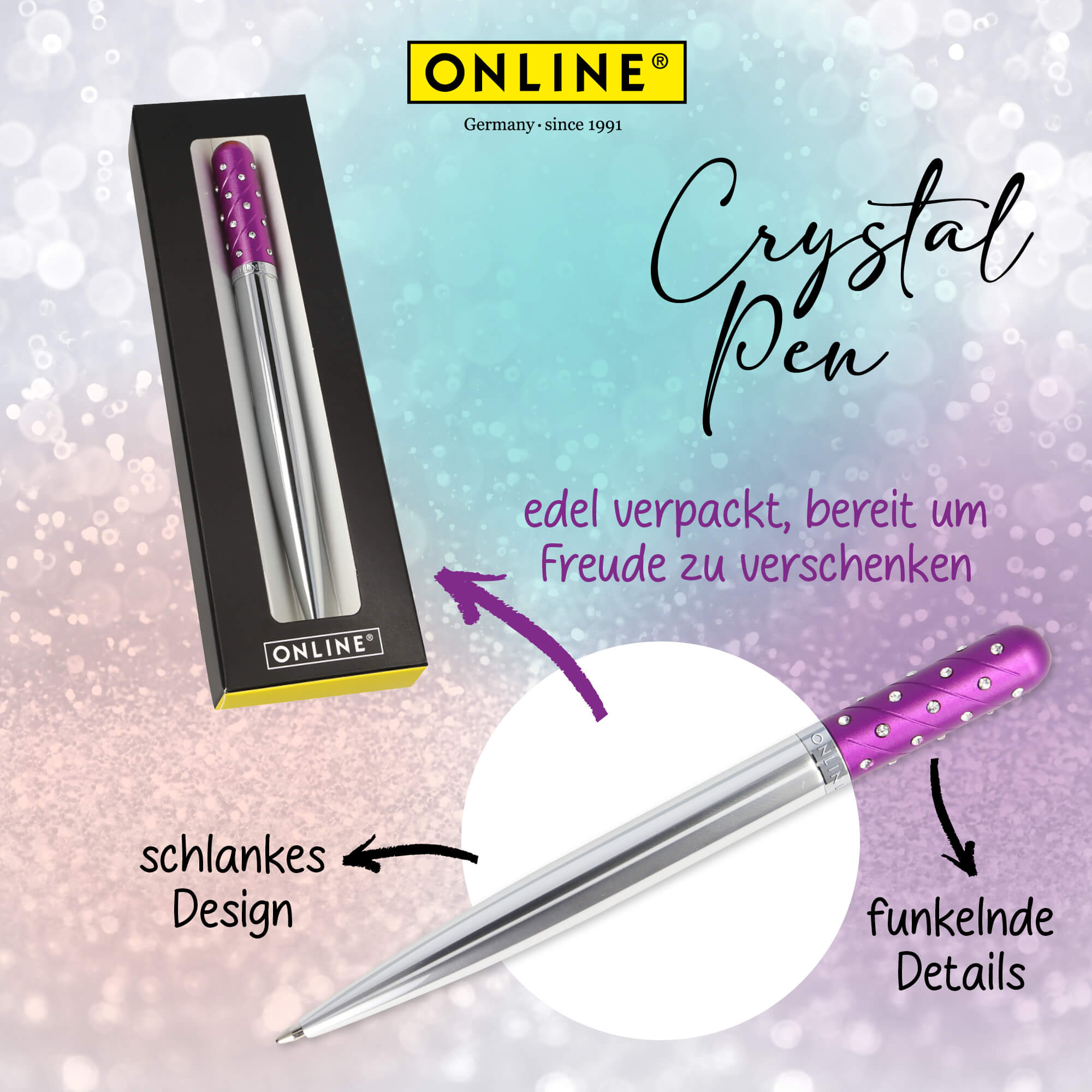 Kugelschreiber Crystal Pen Lila, Metall, inkl. internationale Großraummine schwarzschreibend, in Geschenketui
