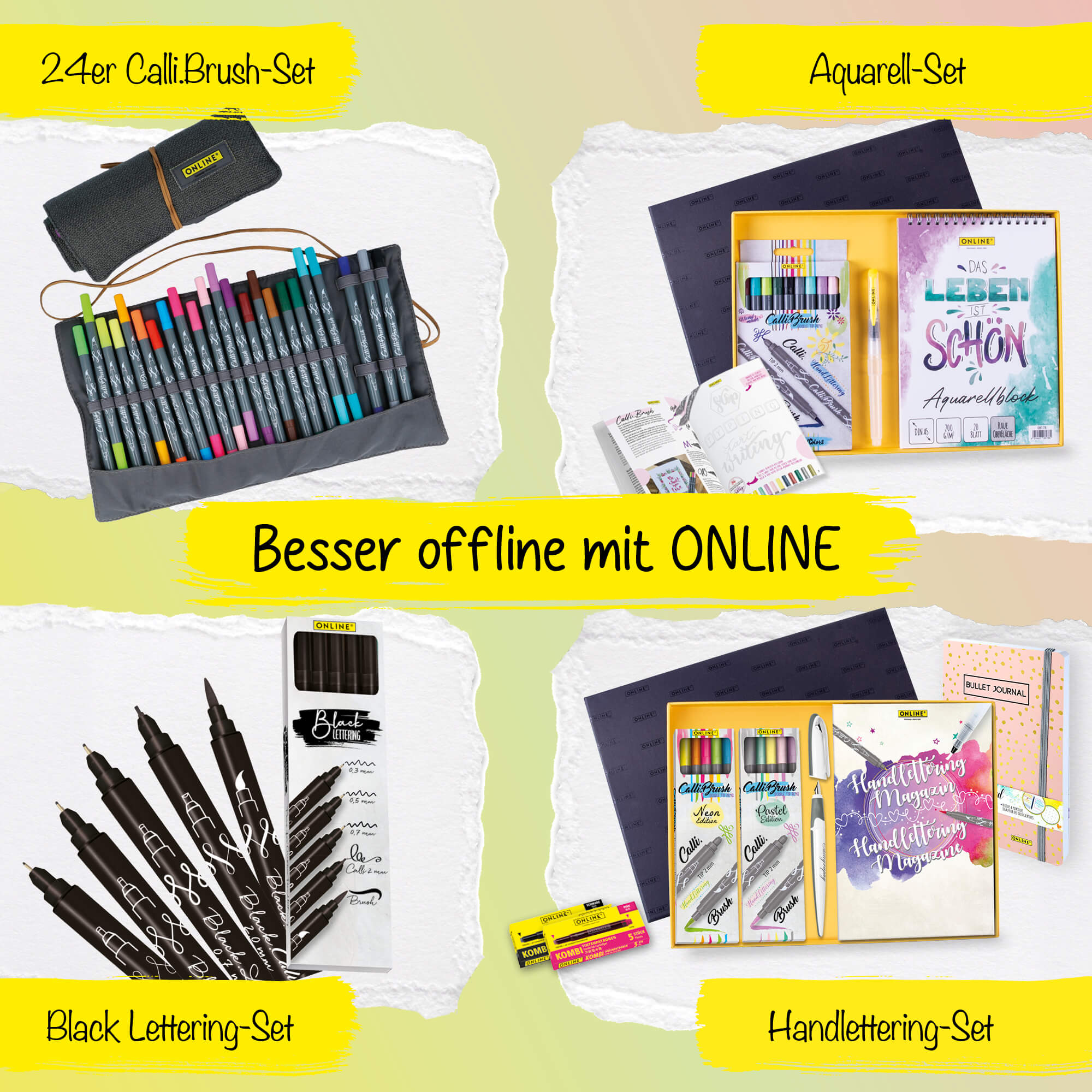 Acryl Lettering Set - 17 Teile, Handlettering Stifte mit Brush Pen, Fineliner, Acryl Marker inkl. Aquarell-Block in Geschenkverpackung