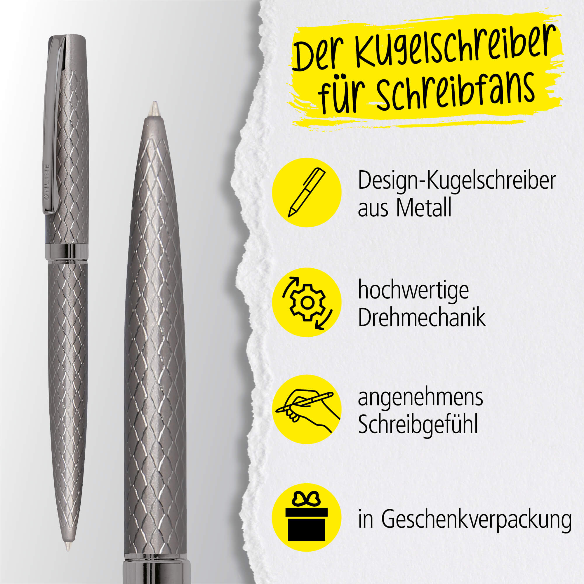 Drehkugelschreiber Eleganza Diamond Titan, aus Metall, auswechselbare Großraummine Schreibfarbe Schwarz dokumentenecht, inkl. Geschenkverpackung