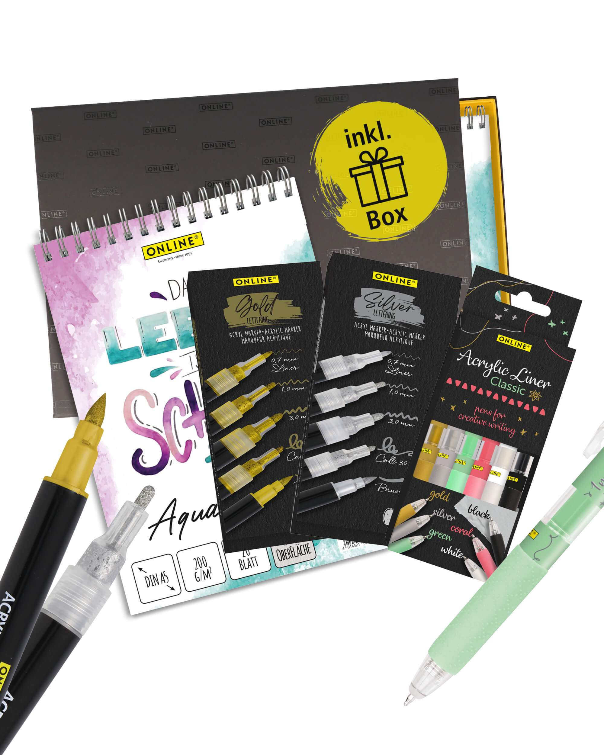 Acryl Lettering Set - 17 Teile, Handlettering Stifte mit Brush Pen, Fineliner, Acryl Marker inkl. Aquarell-Block in Geschenkverpackung
