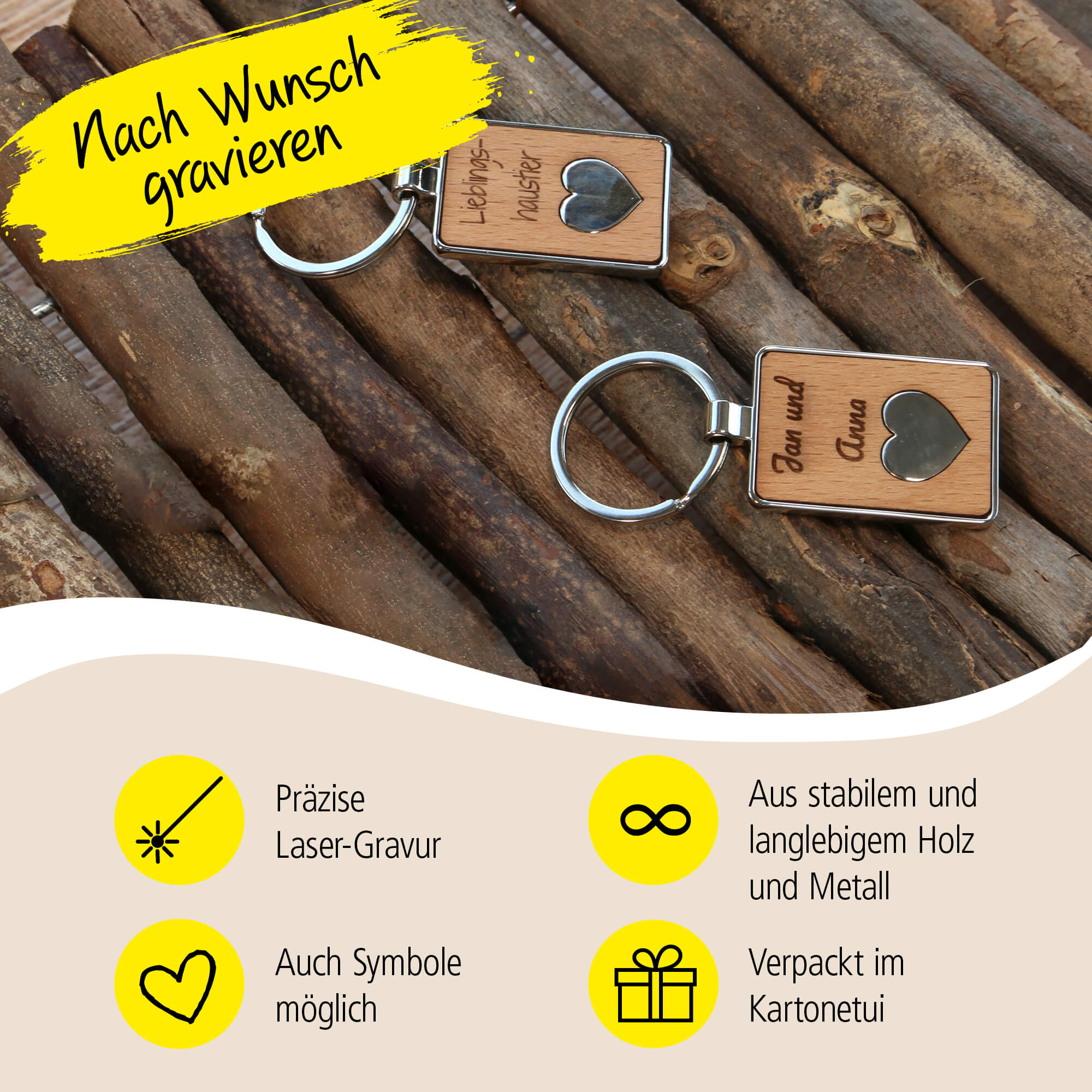 ONLINE Schlüsselanhänger personalisiert Holz mit Metall-Herz, Schlüsselanhänger zum selbst gestalten mit Gravur