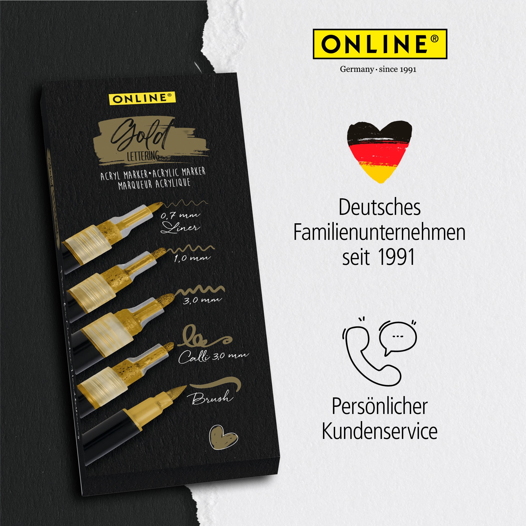 Gold Lettering Set mit Acryl Marker, Fineliner und Brushpen, 5 Stifte