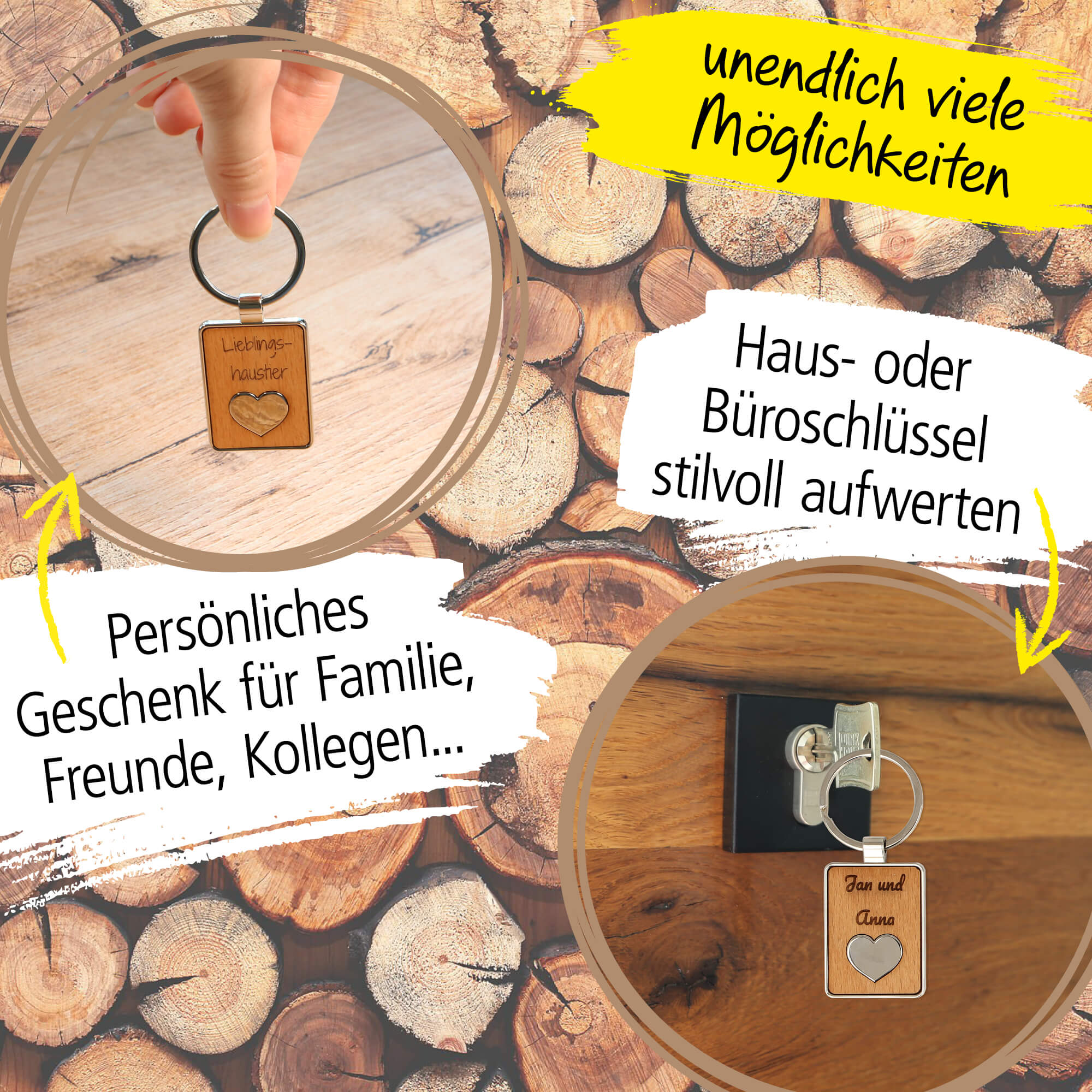 ONLINE Schlüsselanhänger personalisiert Holz mit Metall-Herz, Schlüsselanhänger zum selbst gestalten mit Gravur