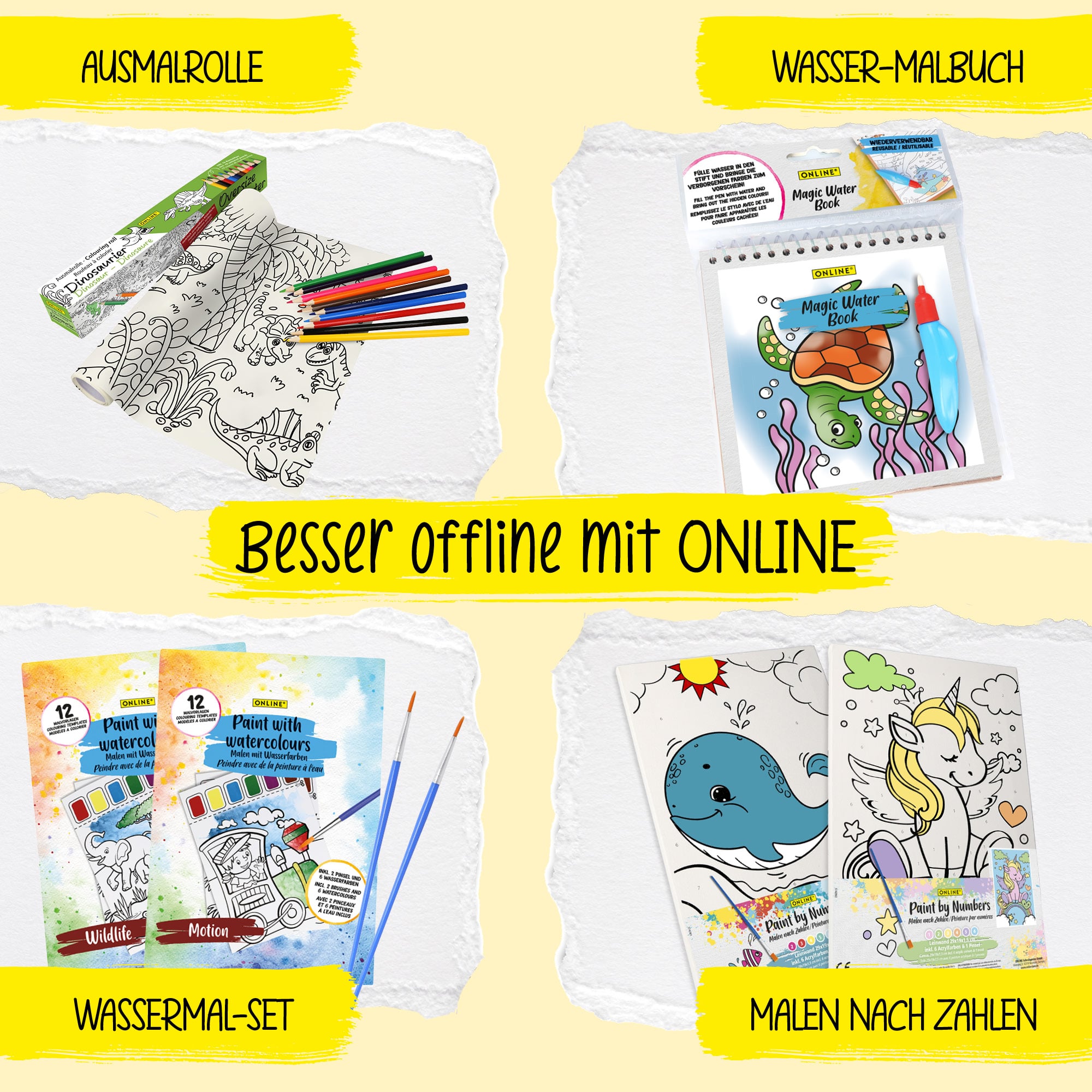 Malvorlagen, Motiv Wildlife, inkl. 2 Pinsel und 6 Wasserfarben