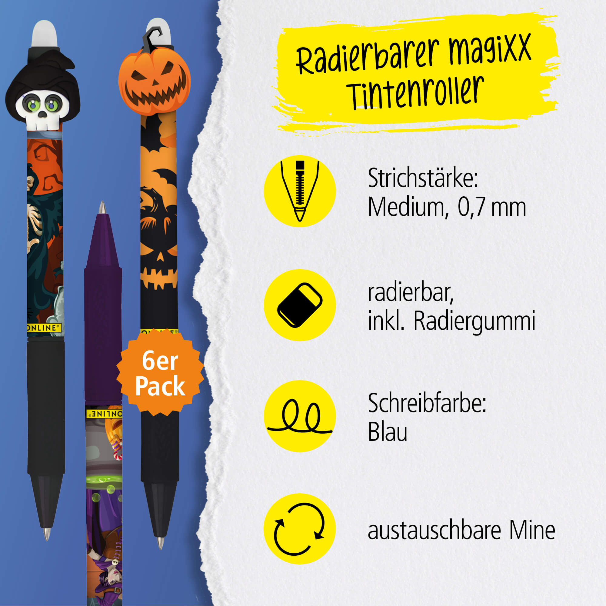 Radierbare Gelschreiber ONLINE magiXX Fun Halloween, 6er Pack, gruselige Geschenkidee