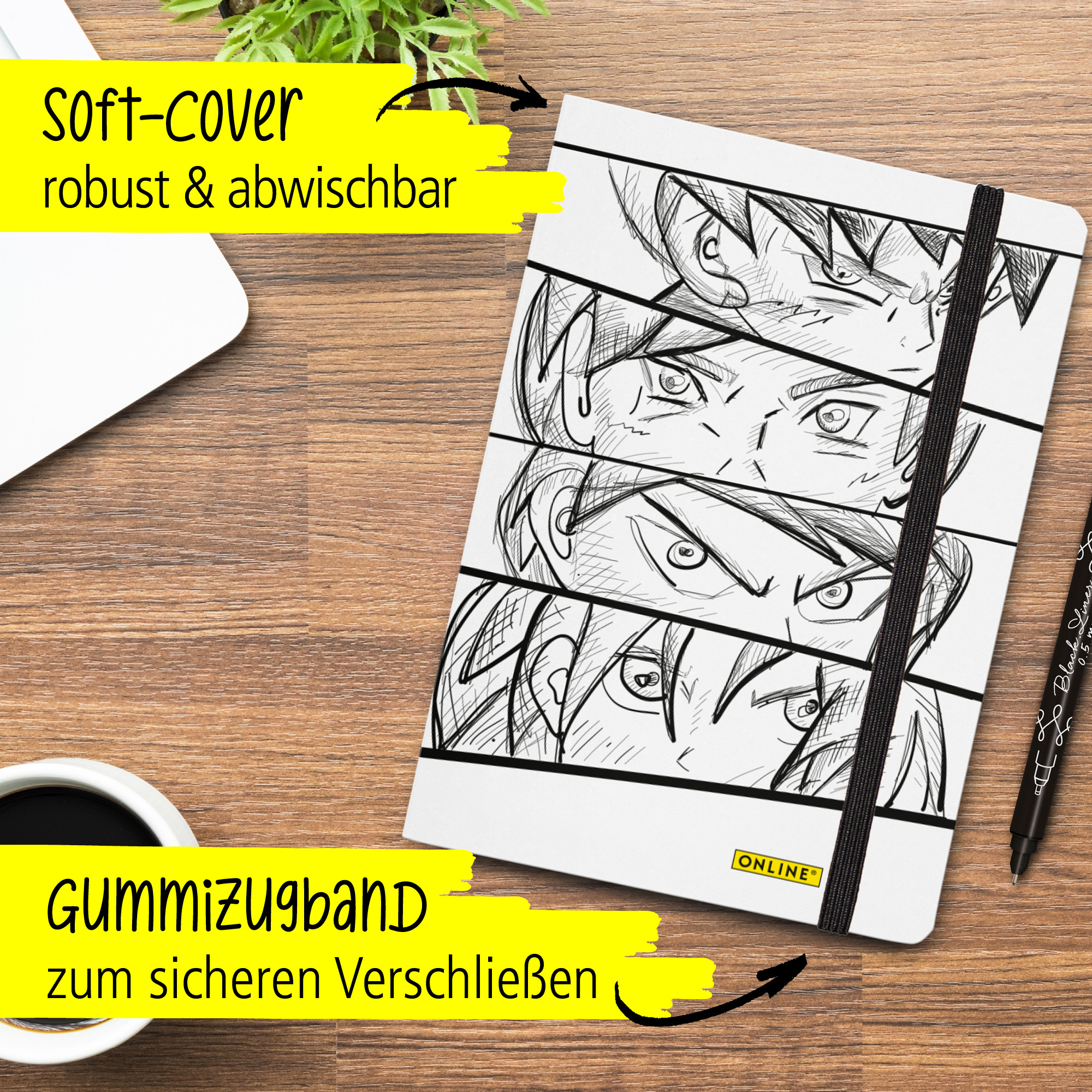 Bullet Journal Manga, Dotted-Notizbuch mit Soft Cover, Gummiband, DIN A5, 120g/m² FSC Papier, 144 Seiten
