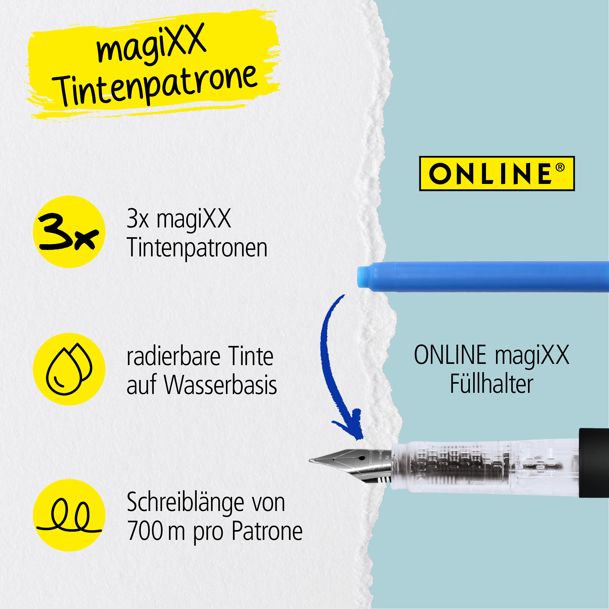 3x radierbare Tintenpatronen für magiXX Füllhalter, blauschreibend