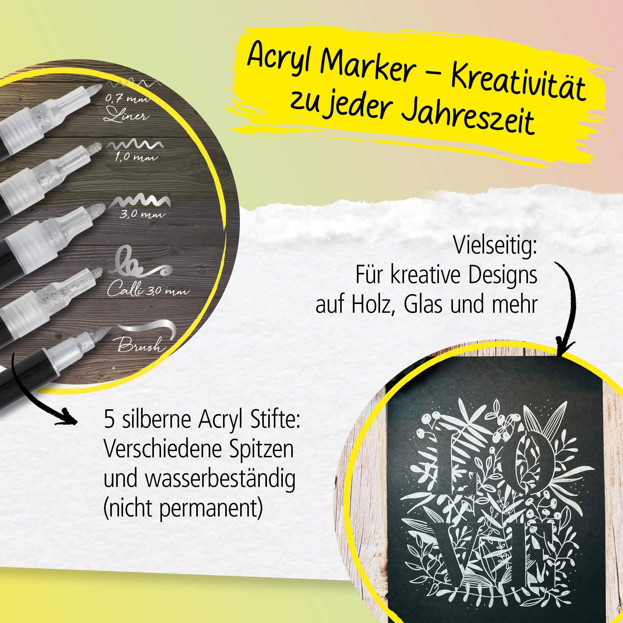 Acryl Lettering Set - 17 Teile, Handlettering Stifte mit Brush Pen, Fineliner, Acryl Marker inkl. Aquarell-Block in Geschenkverpackung