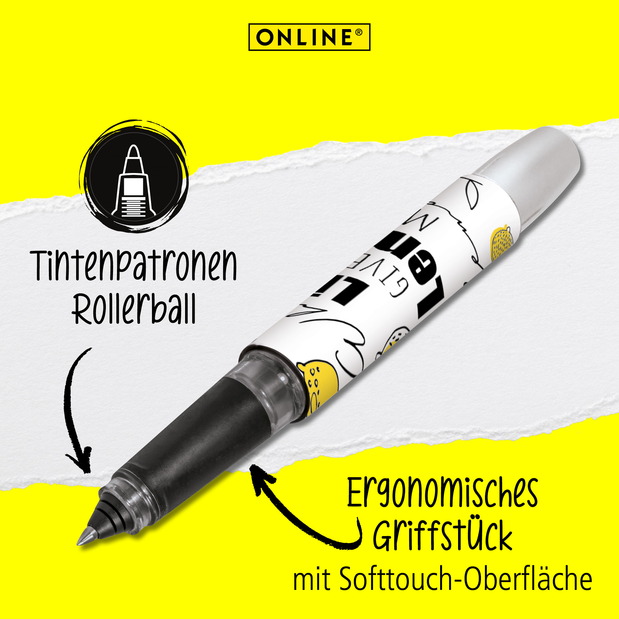 Rollerball mit ergonomischem Griffstück und Softtouch-Oberfläche