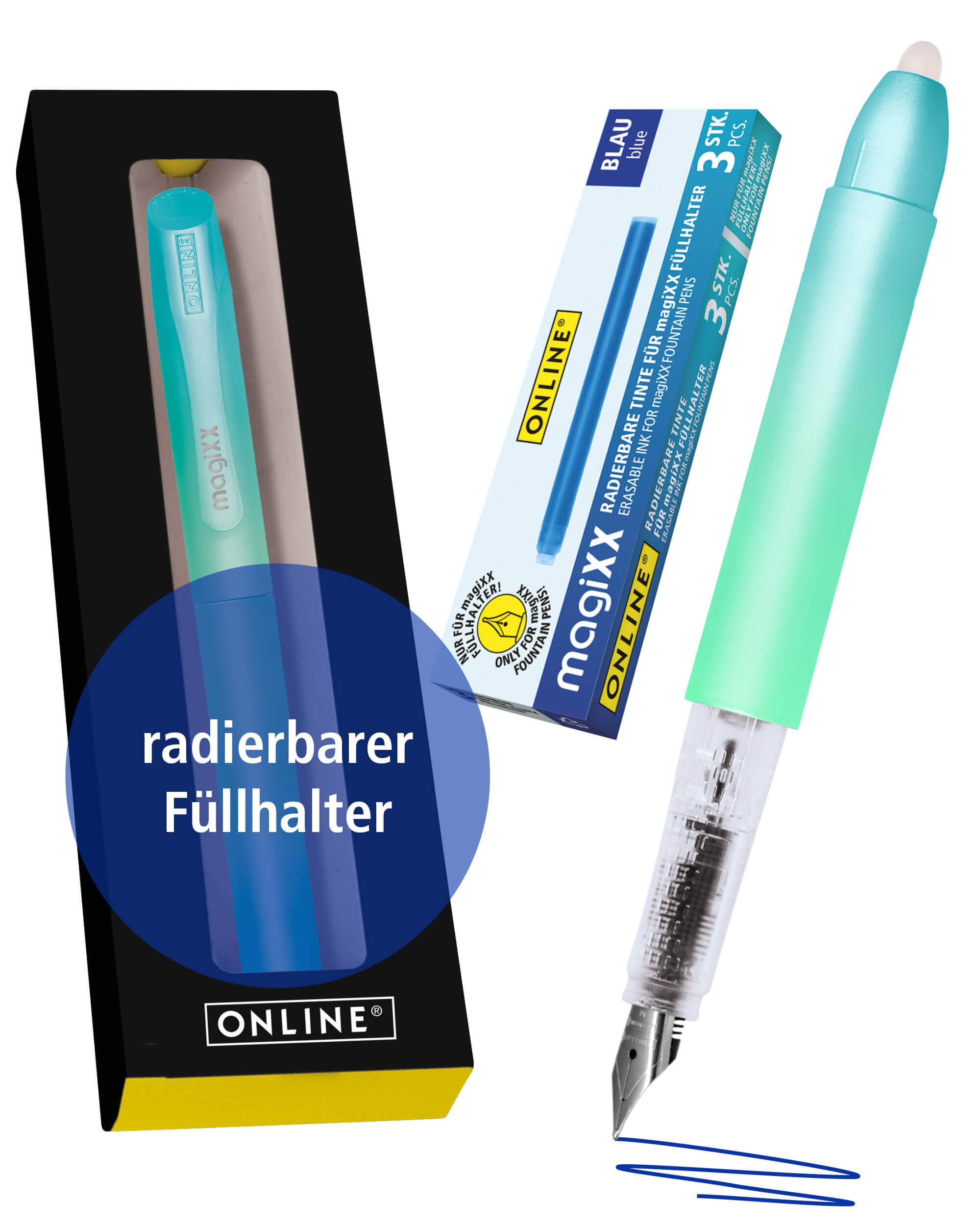 Radierbarer Füller ONLINE magiXX Turquoise Dream inkl. Tintenpatronen
