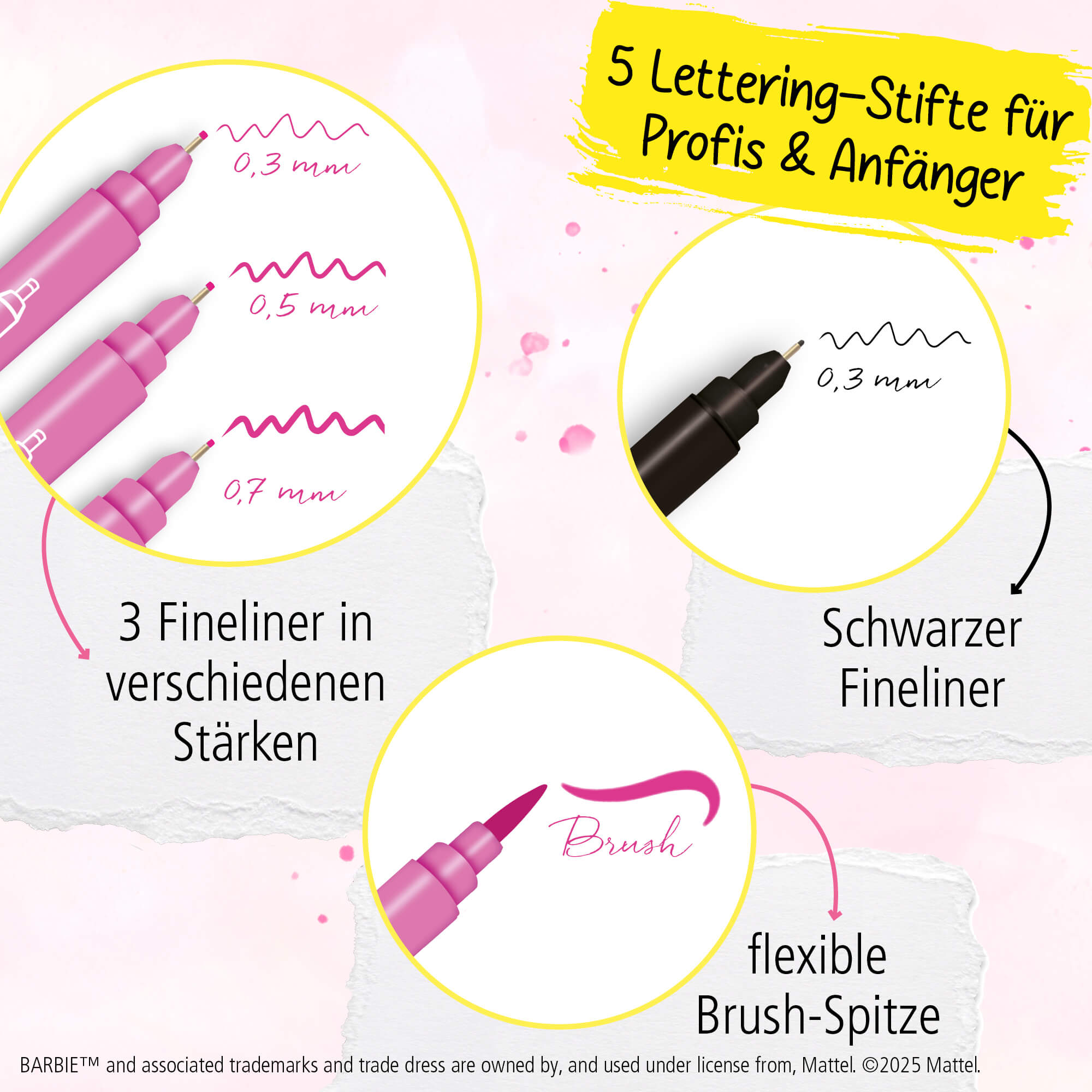 Barbie Pink Lettering Set, 5 Stifte, Fineliner und Brush Pen