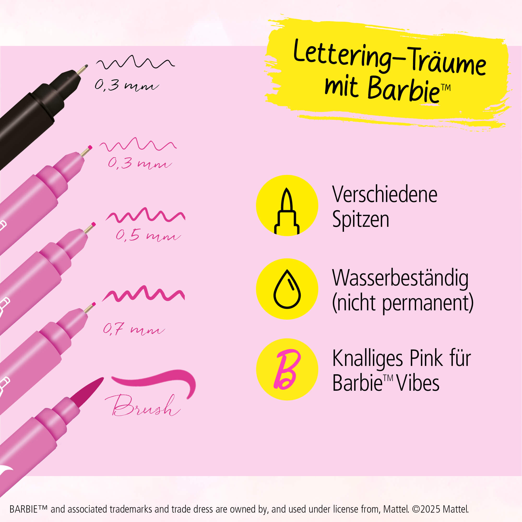 Barbie Pink Lettering Set, 5 Stifte, Fineliner und Brush Pen