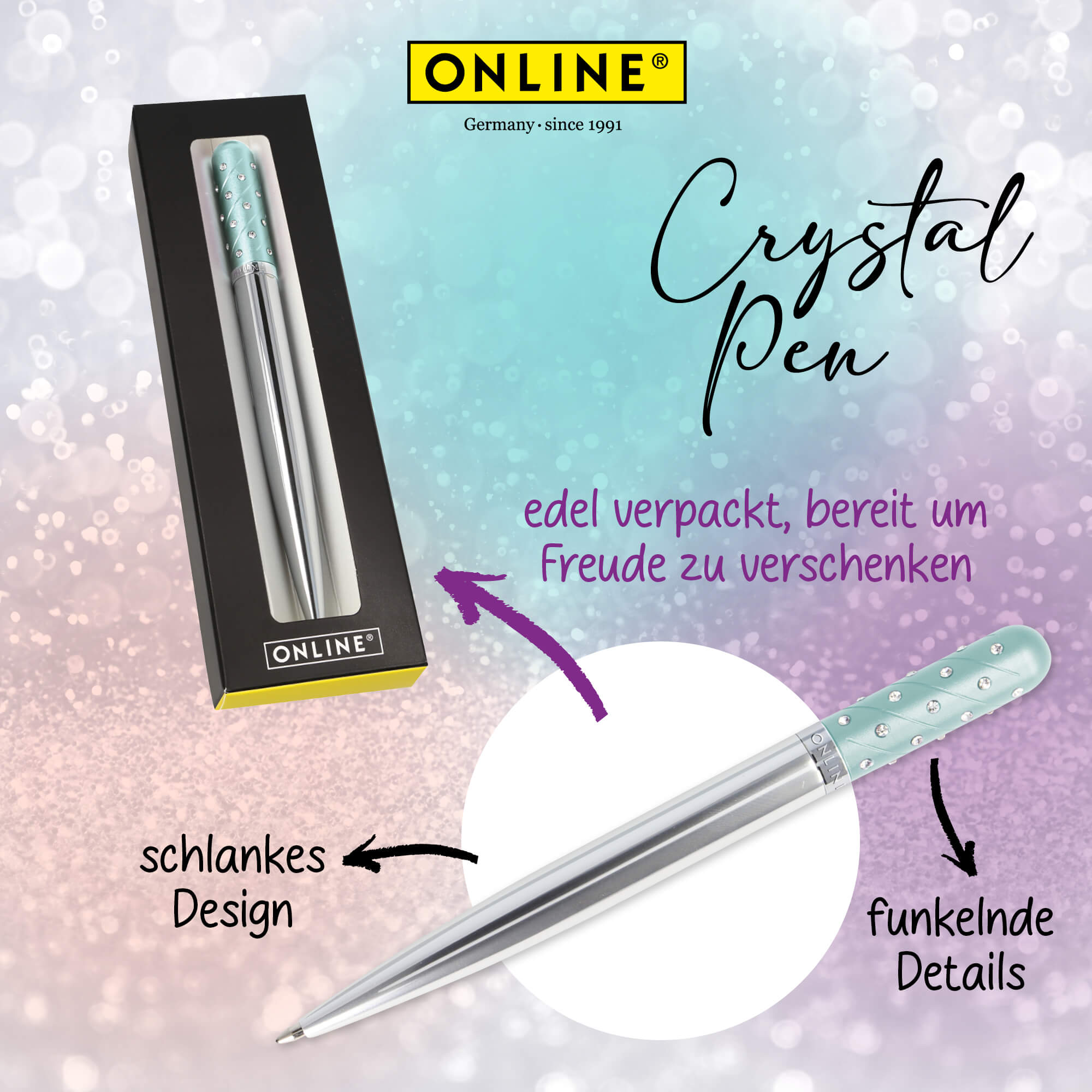 Kugelschreiber Crystal Pen Türkis, Metall, inkl. internationale Großraummine schwarzschreibend, in Geschenketui