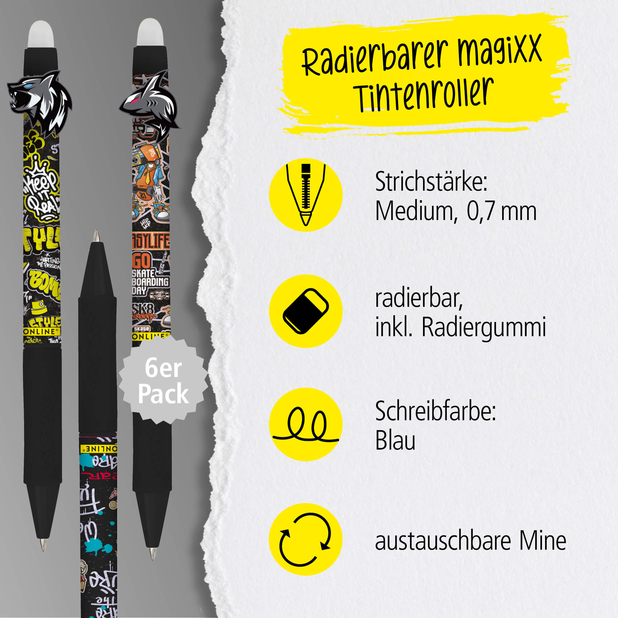 Radierbare Gelschreiber Angry Animals, 6er Pack