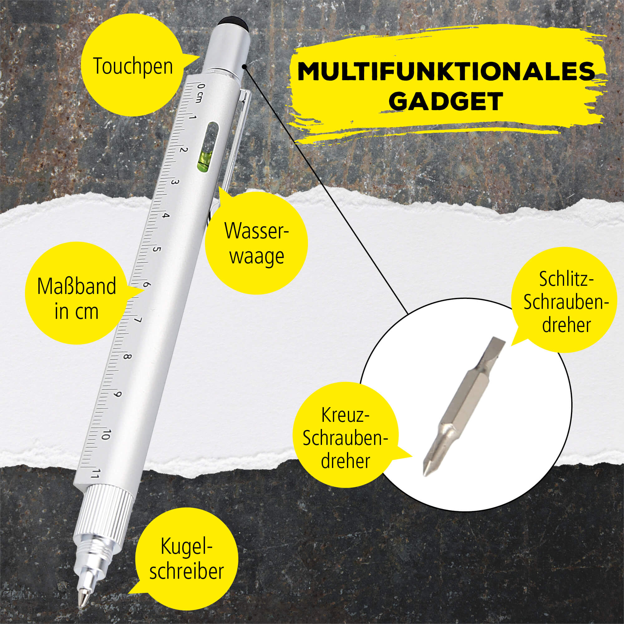 Multifunktionsstift 6-in-1, Kugelschreiber und Werkzeug Toolpen Silber