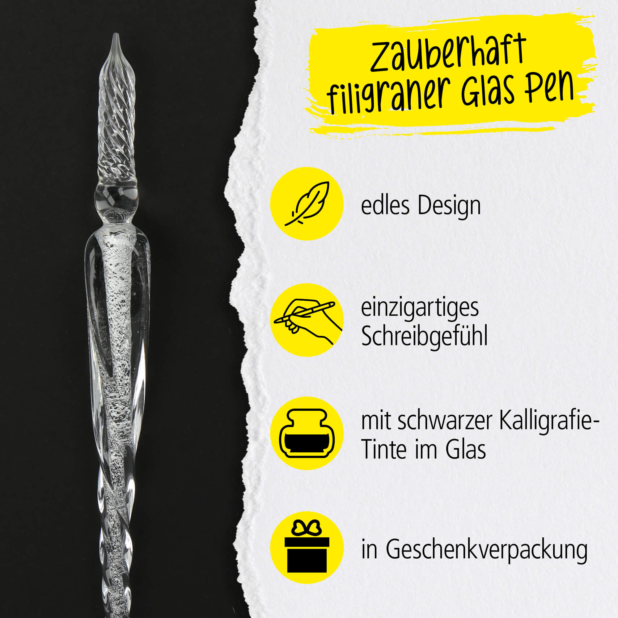 Glass Dip Pen, Glas-Federkiel, Set inkl. Tintenglas schwarz