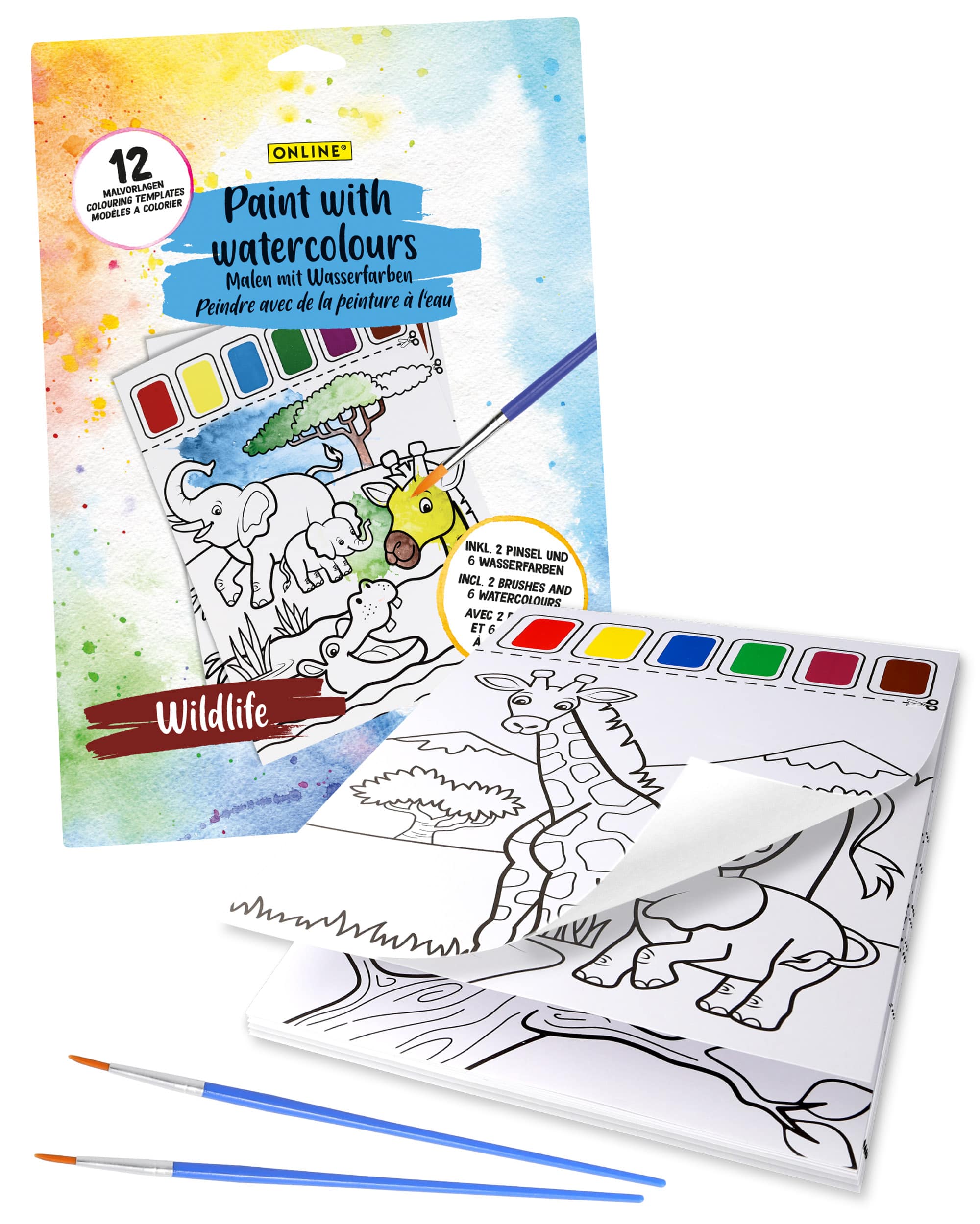 Malvorlagen, Motiv Wildlife, inkl. 2 Pinsel und 6 Wasserfarben