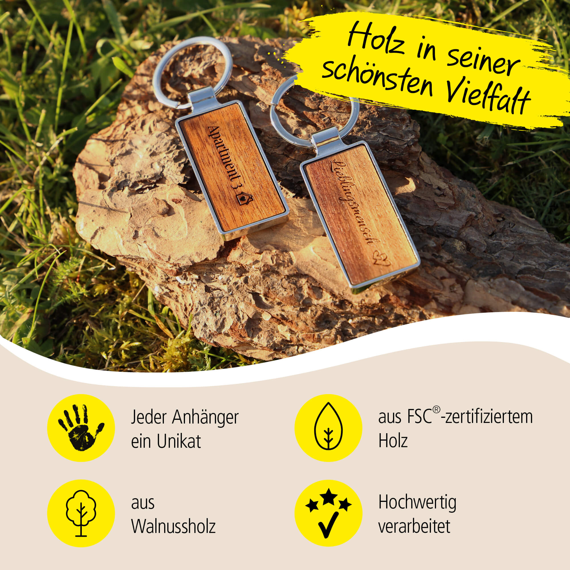 ONLINE Schlüsselanhänger personalisiert aus Walnuss-Holz, Schlüsselanhänger zum selbst gestalten mit Gravur